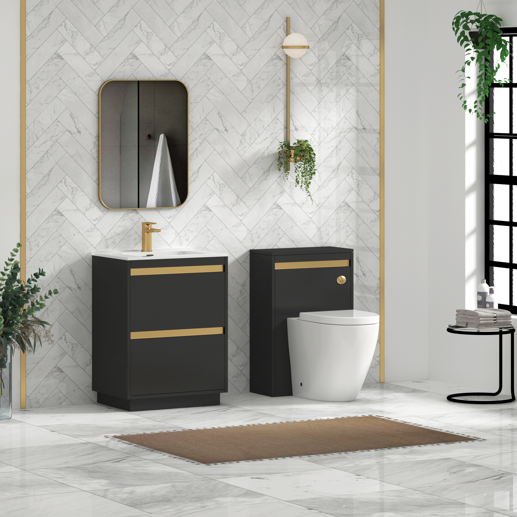 Orion Matt Obsidian Black 2 Drawer Floor Standing Vanity Unit with Ceramic Basin