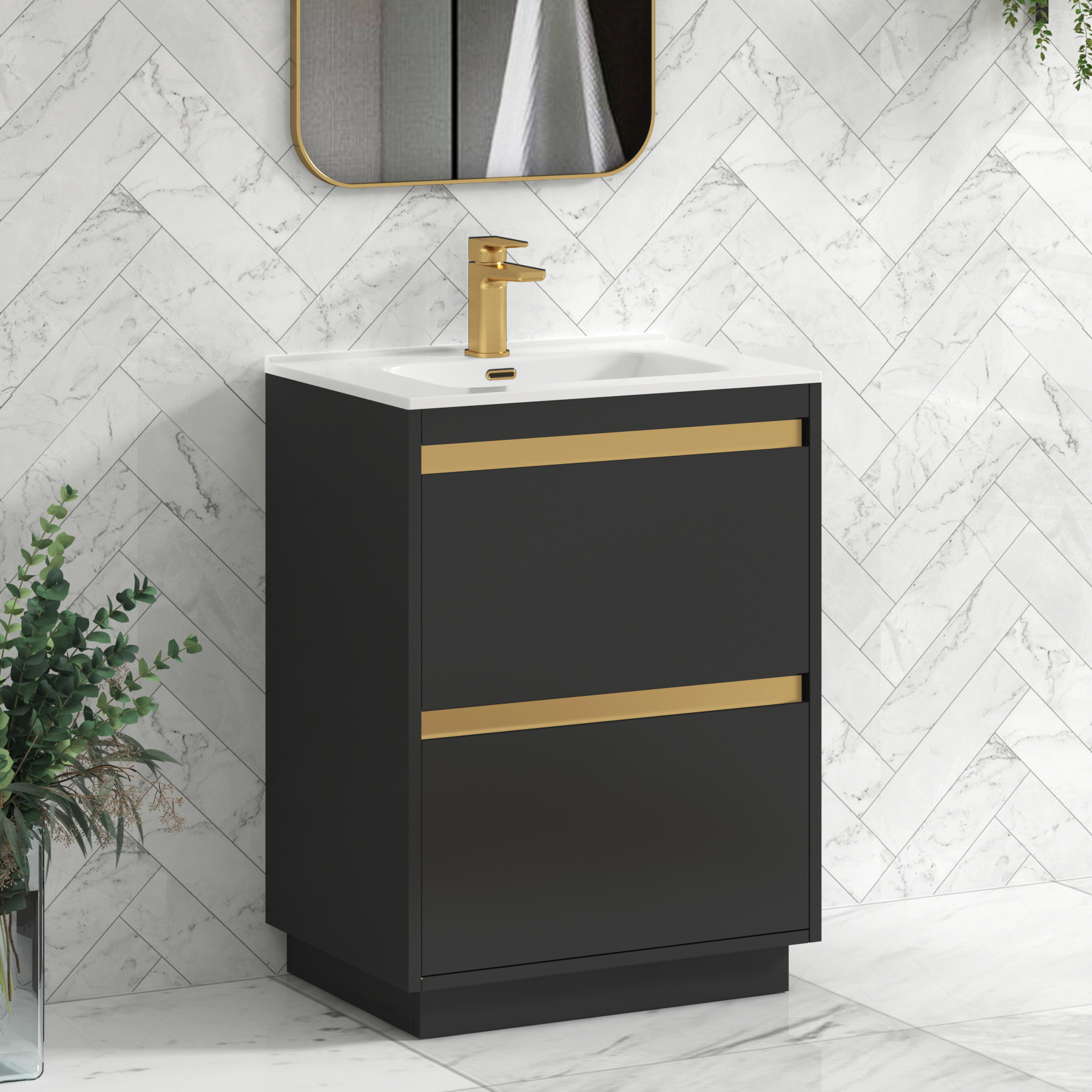 Orion Matt Obsidian Black 2 Drawer Floor Standing Vanity Unit with Ceramic Basin