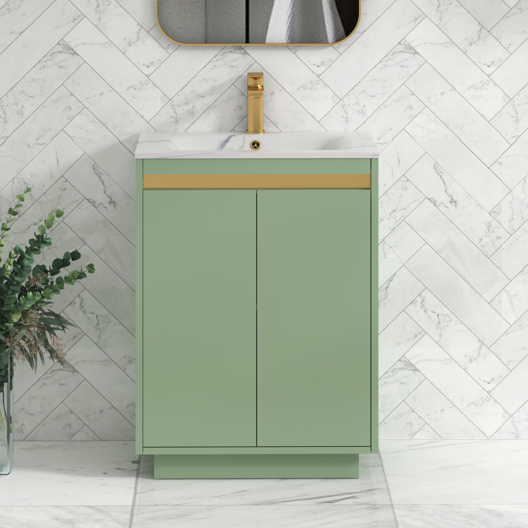 Orion Floor Standing Vanity Unit 2 Door Mint Sage with Carrara White Basin