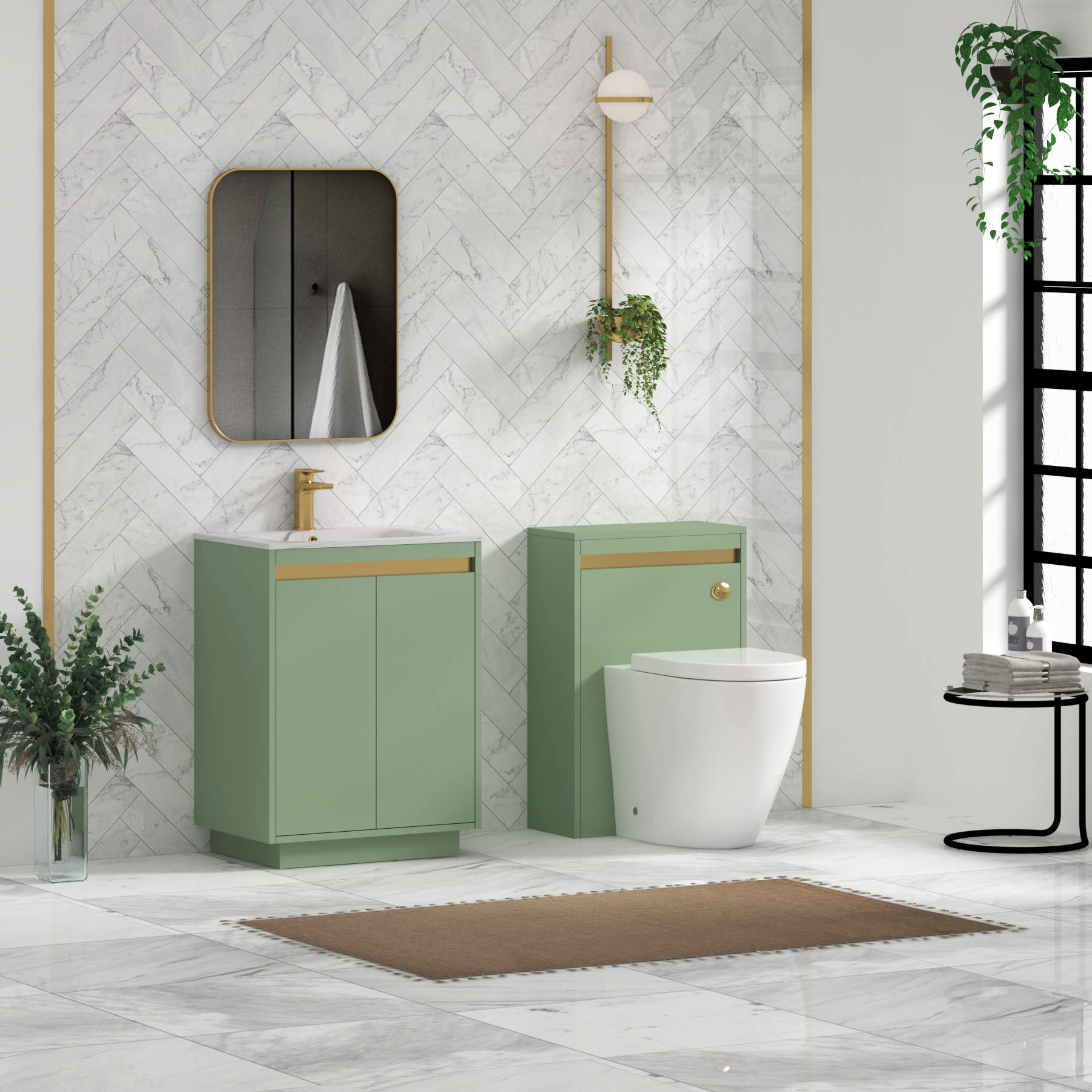 Orion Floor Standing Vanity Unit 2 Door Mint Sage with Carrara White Basin