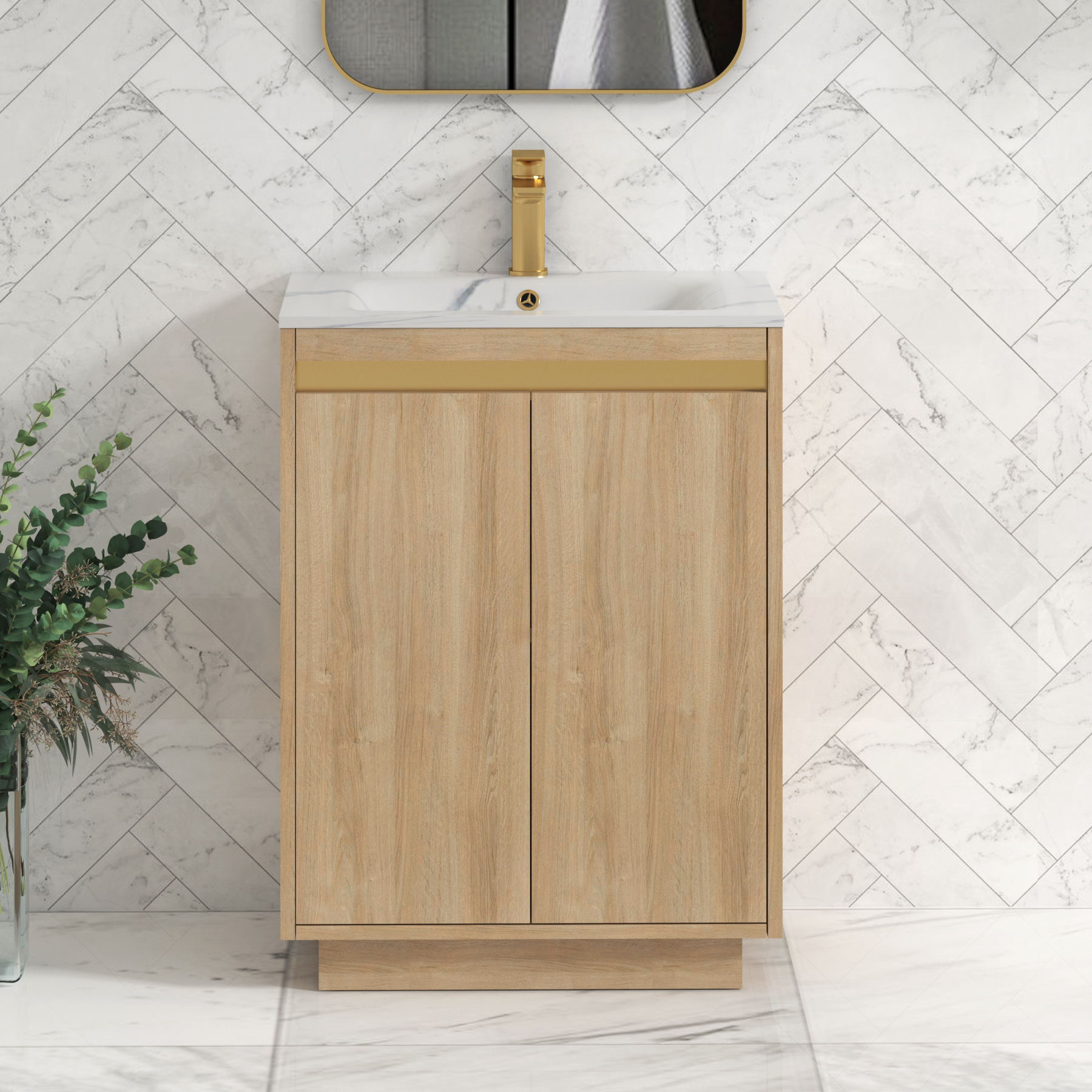 Orion Floor Standing Vanity Unit 2 Door Natural Oak with Carrara White Basin