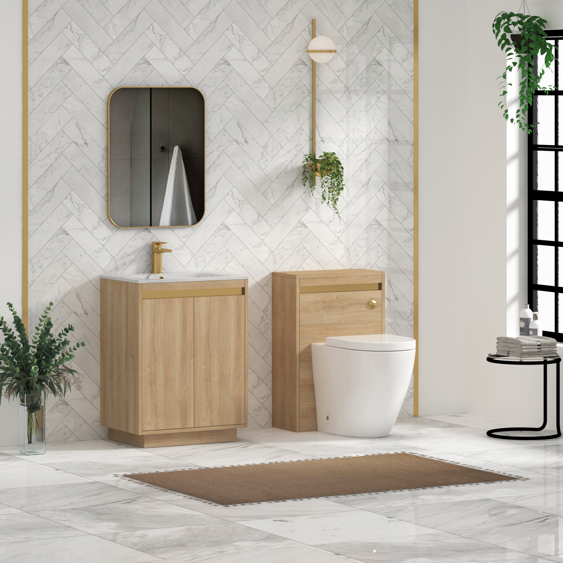 Orion Floor Standing Vanity Unit 2 Door Natural Oak with Carrara White Basin