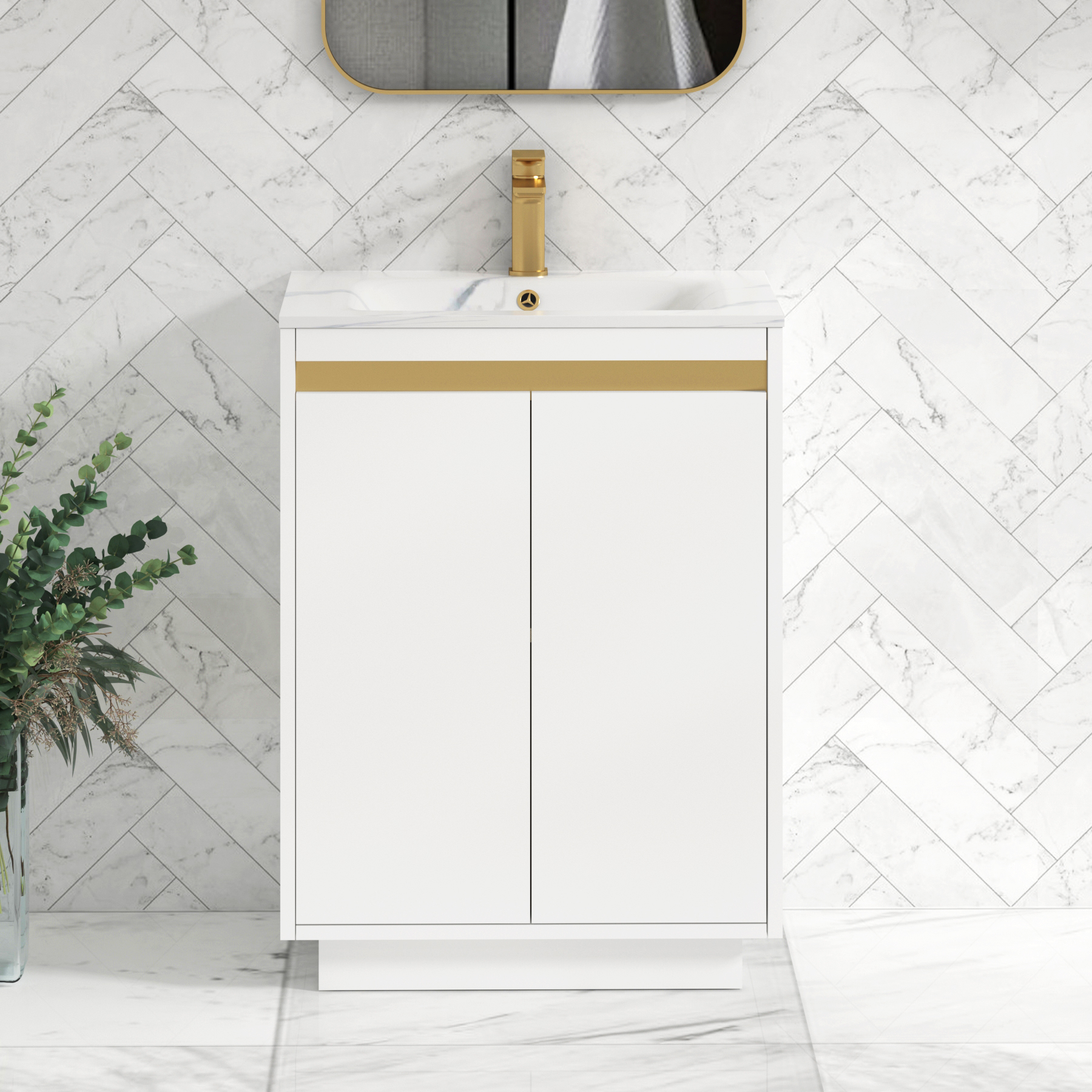 Orion Floor Standing Vanity Unit 2 Door Matt White with Carrara White Basin
