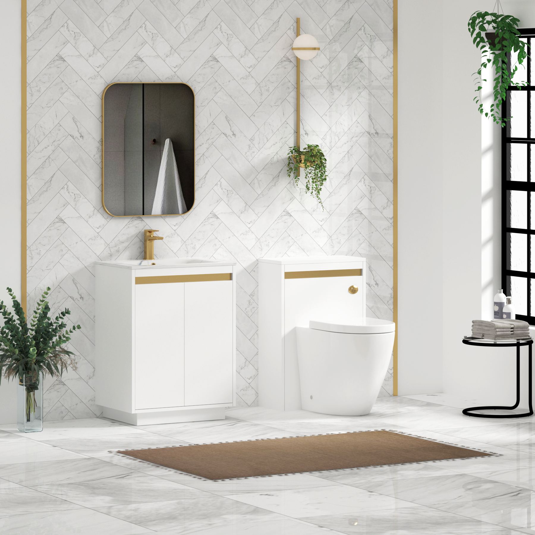 Orion Floor Standing Vanity Unit 2 Door Matt White with Carrara White Basin