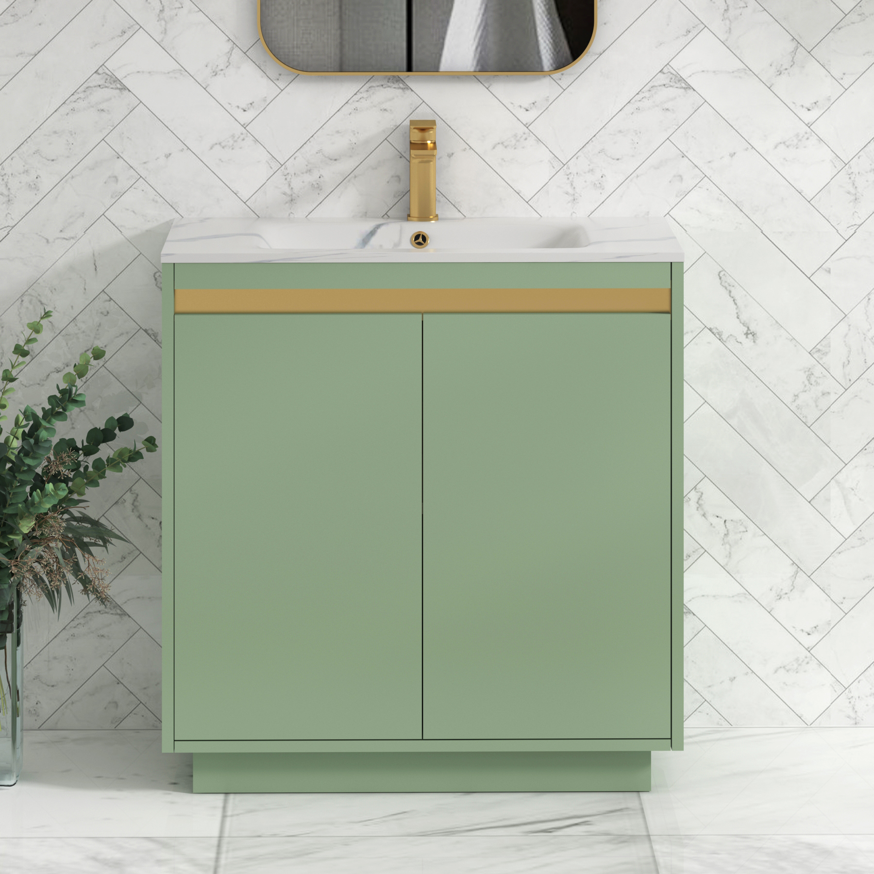Orion Floor Standing Vanity Unit 2 Door Mint Sage with Carrara White Basin