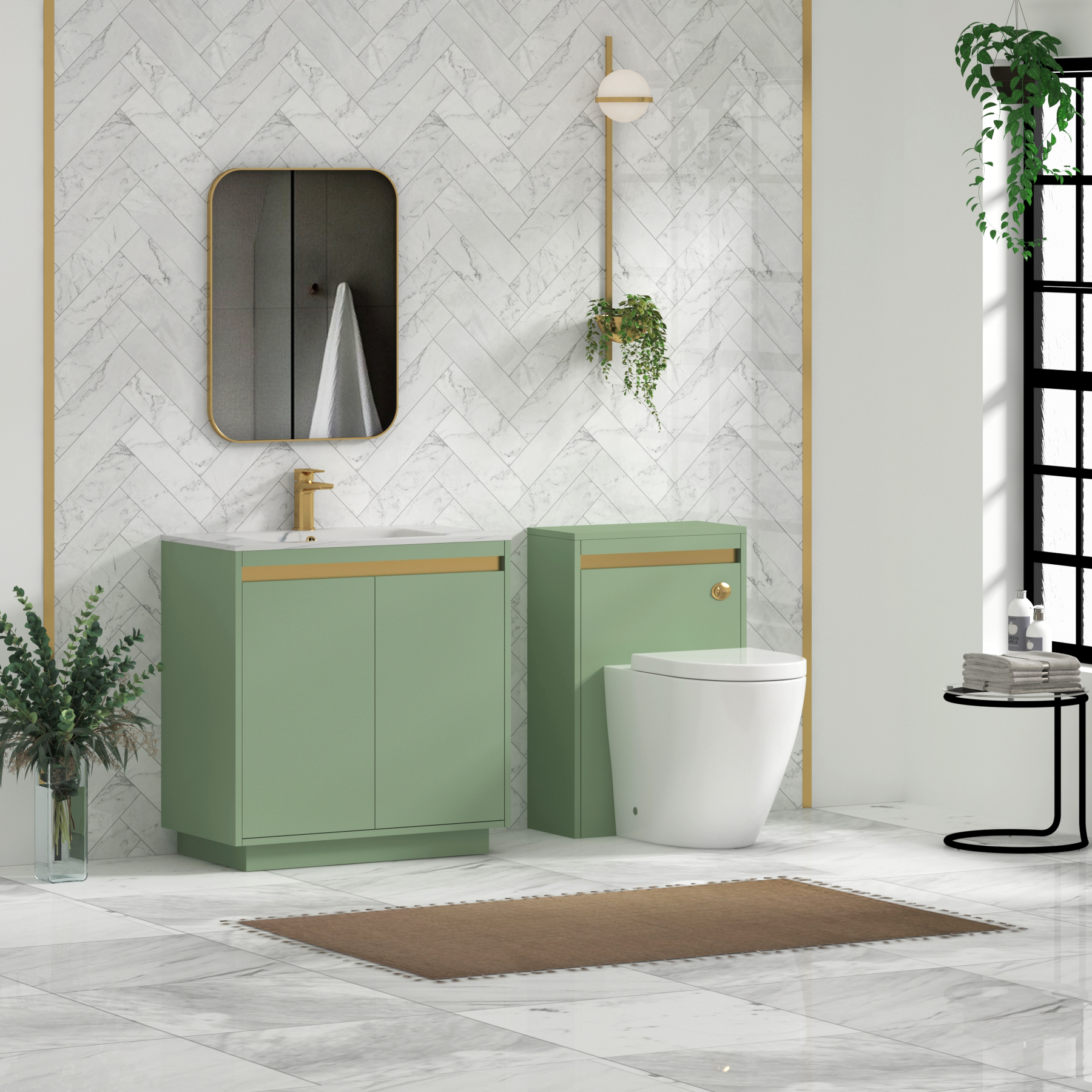 Orion Floor Standing Vanity Unit 2 Door Mint Sage with Carrara White Basin