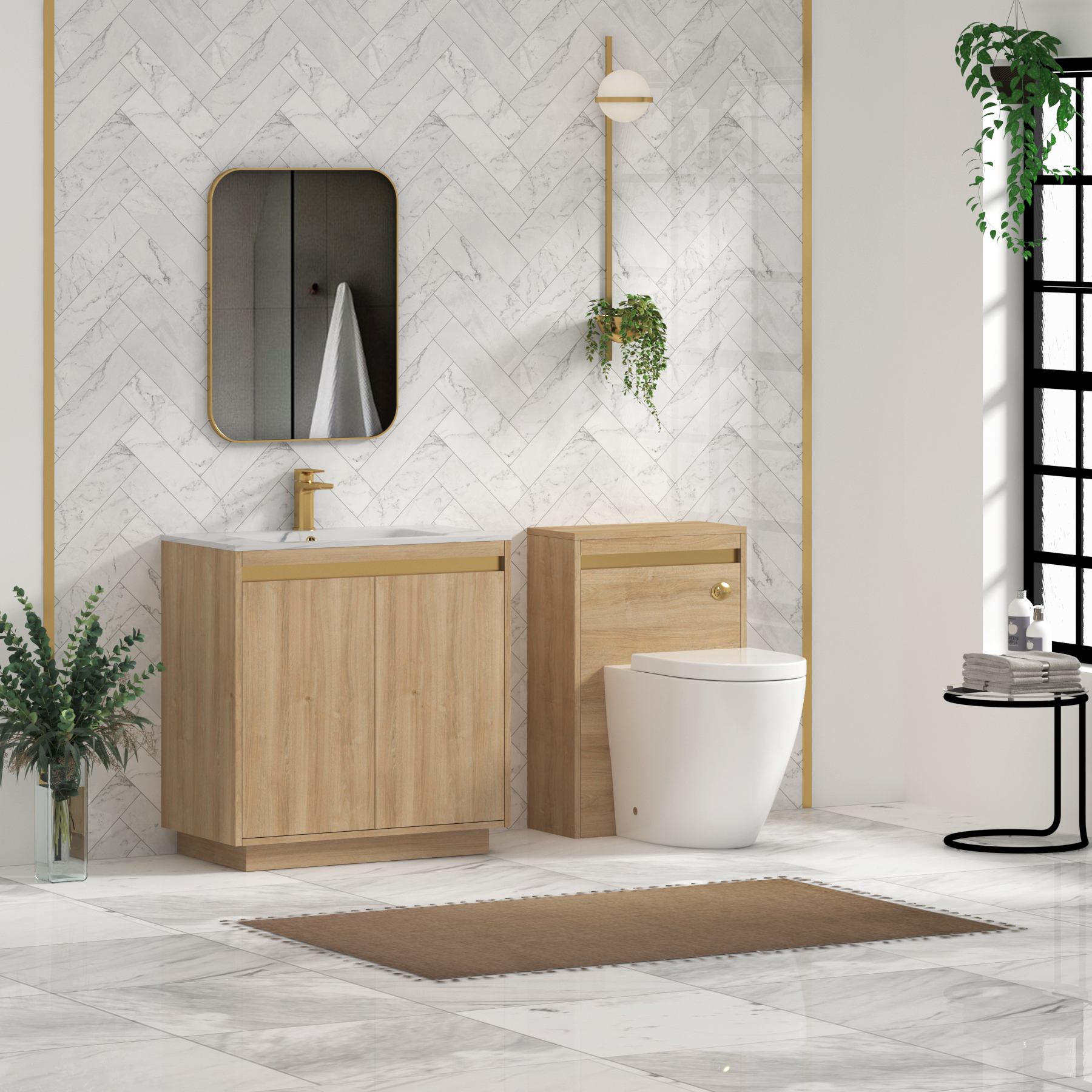 Orion Floor Standing Vanity Unit 2 Door Natural Oak with Carrara White Basin