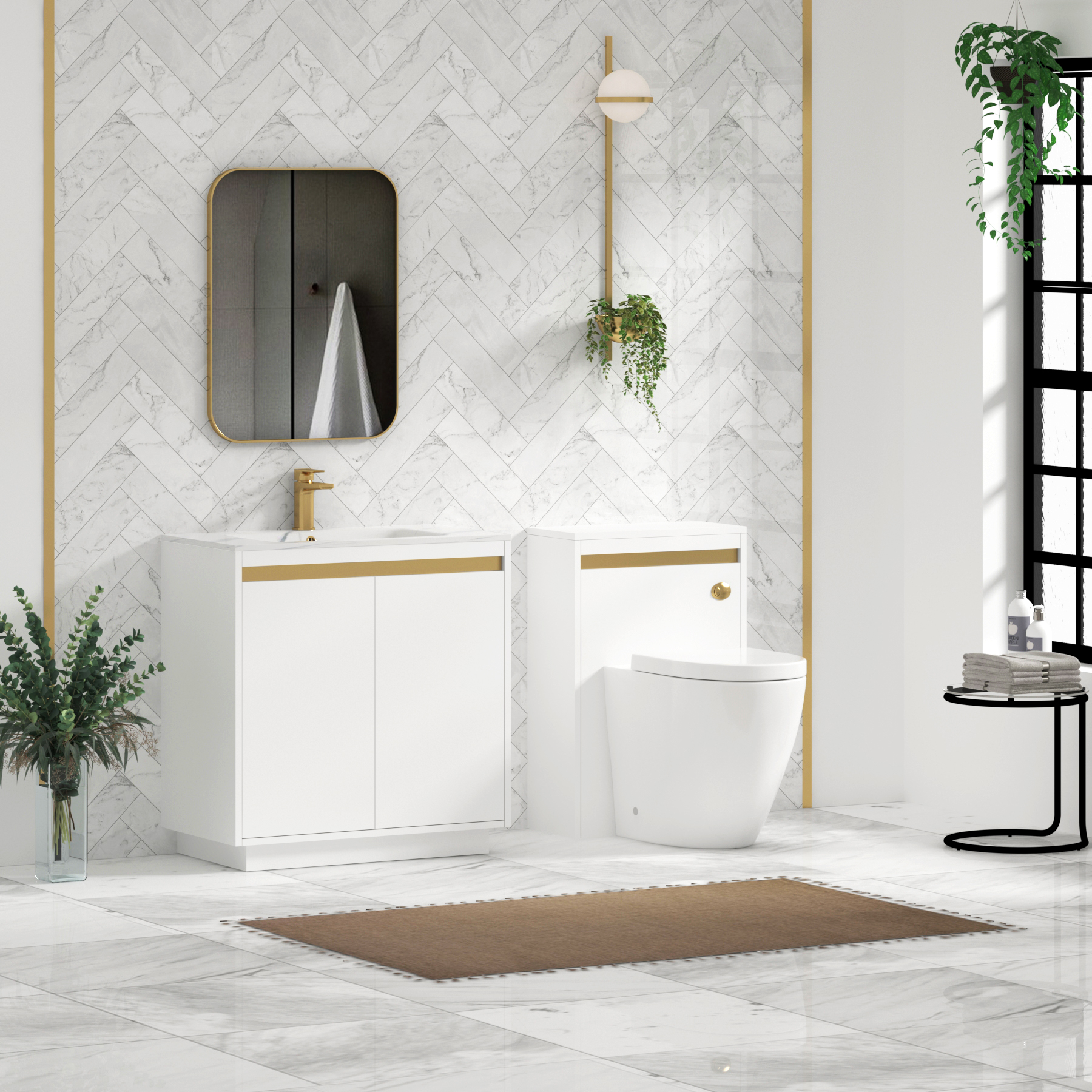 Orion Floor Standing Vanity Unit 2 Door Matt White with Carrara White Basin