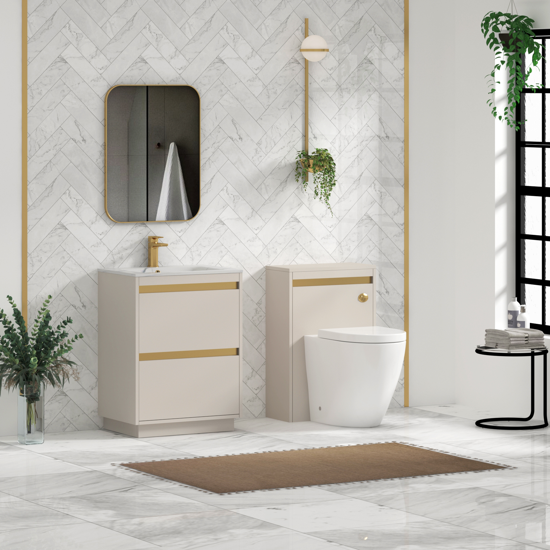 Orion Floor Standing Vanity Unit 2 Drawer Warm Taupe with Carrara White Basin