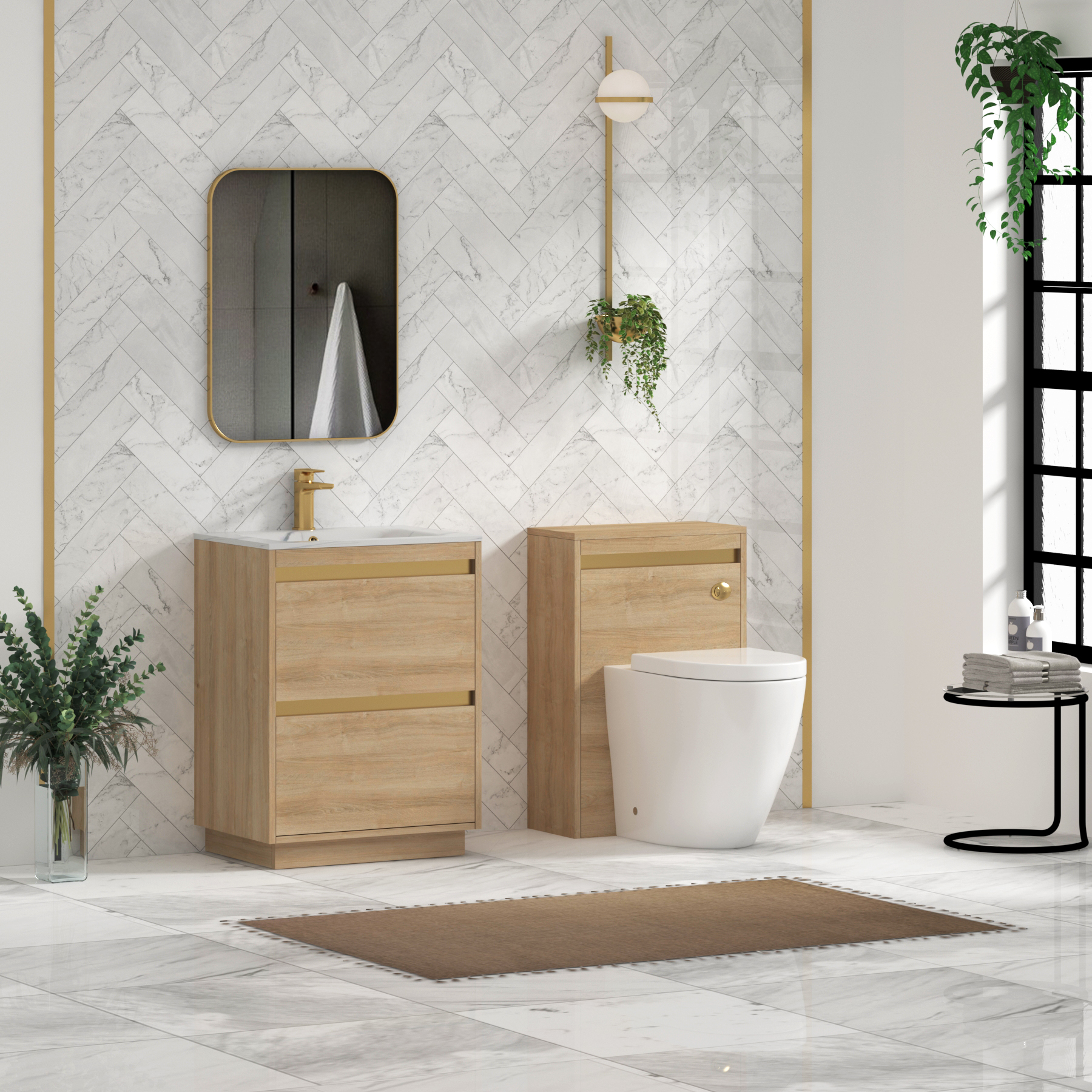 Orion Floor Standing Vanity Unit 2 Drawer Natural Oak with Carrara White Basin