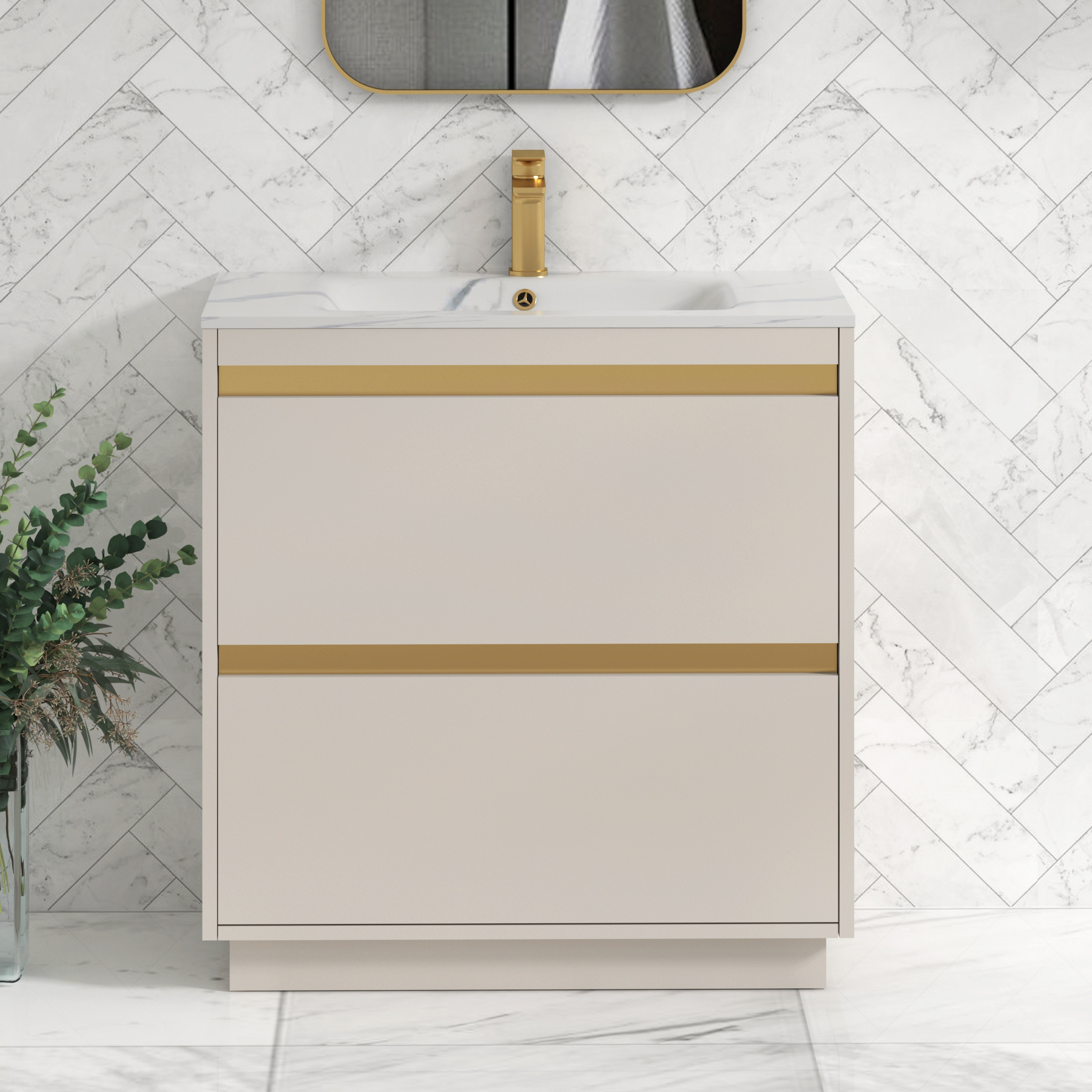 Orion Floor Standing Vanity Unit 2 Drawer Warm Taupe with Carrara White Basin