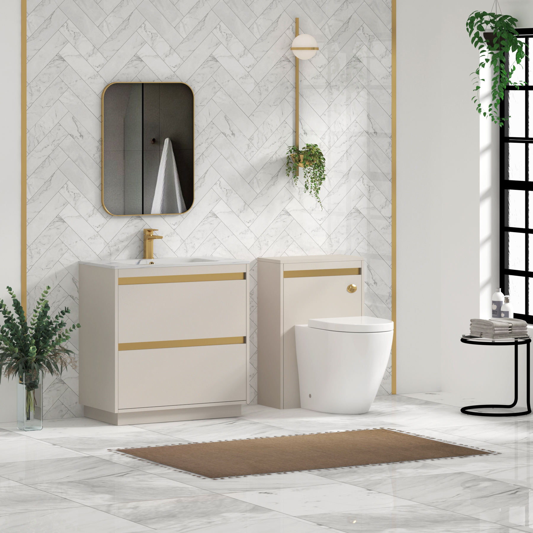 Orion Floor Standing Vanity Unit 2 Drawer Warm Taupe with Carrara White Basin