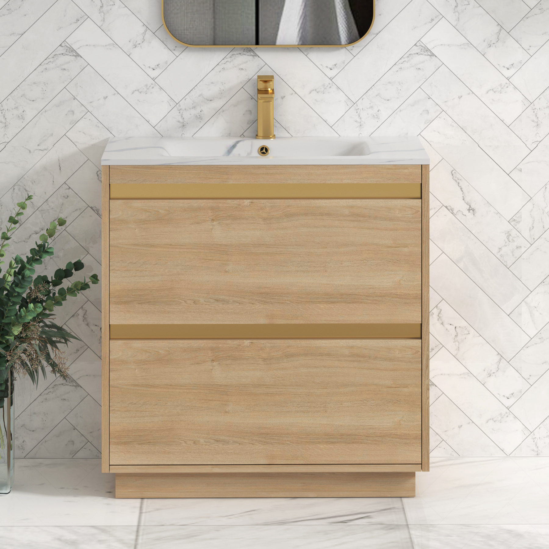 Orion Floor Standing Vanity Unit 2 Drawer Natural Oak with Carrara White Basin