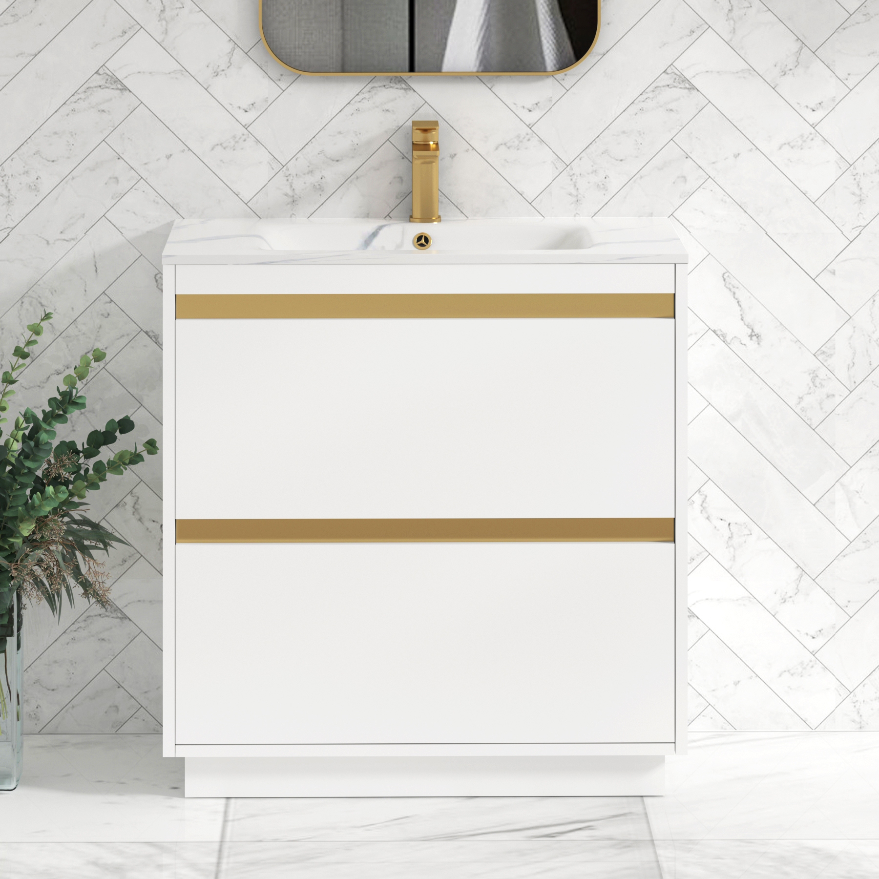 Orion 800mm Floor Standing Vanity Unit 2 Drawer Matt White with Carrara White Basin & Brushed Brass Accent Trim