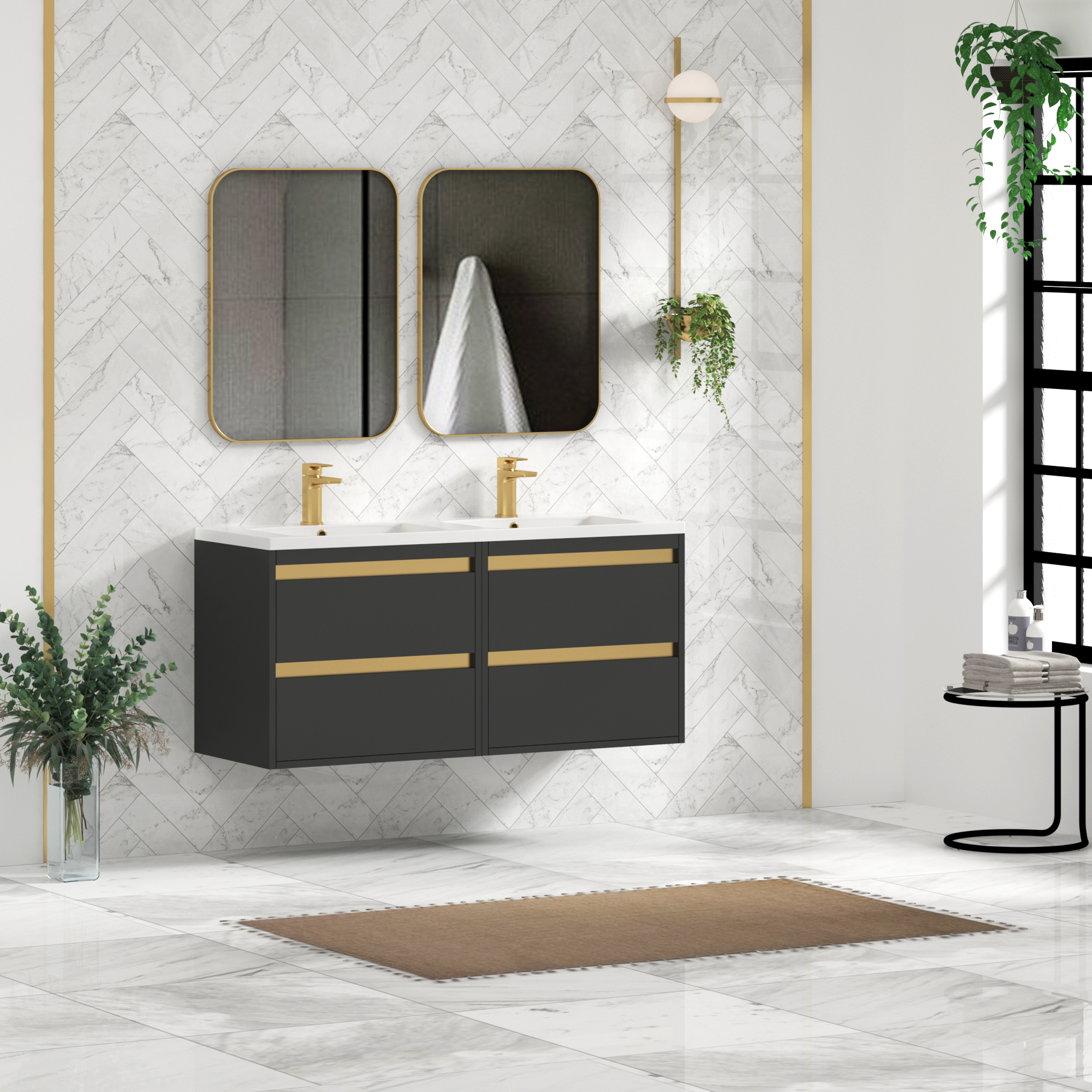 Orion 1200mm Matt Obsidian Black 4 Drawer Wall Hung Vanity Unit with Ceramic Basin & Accent Trim