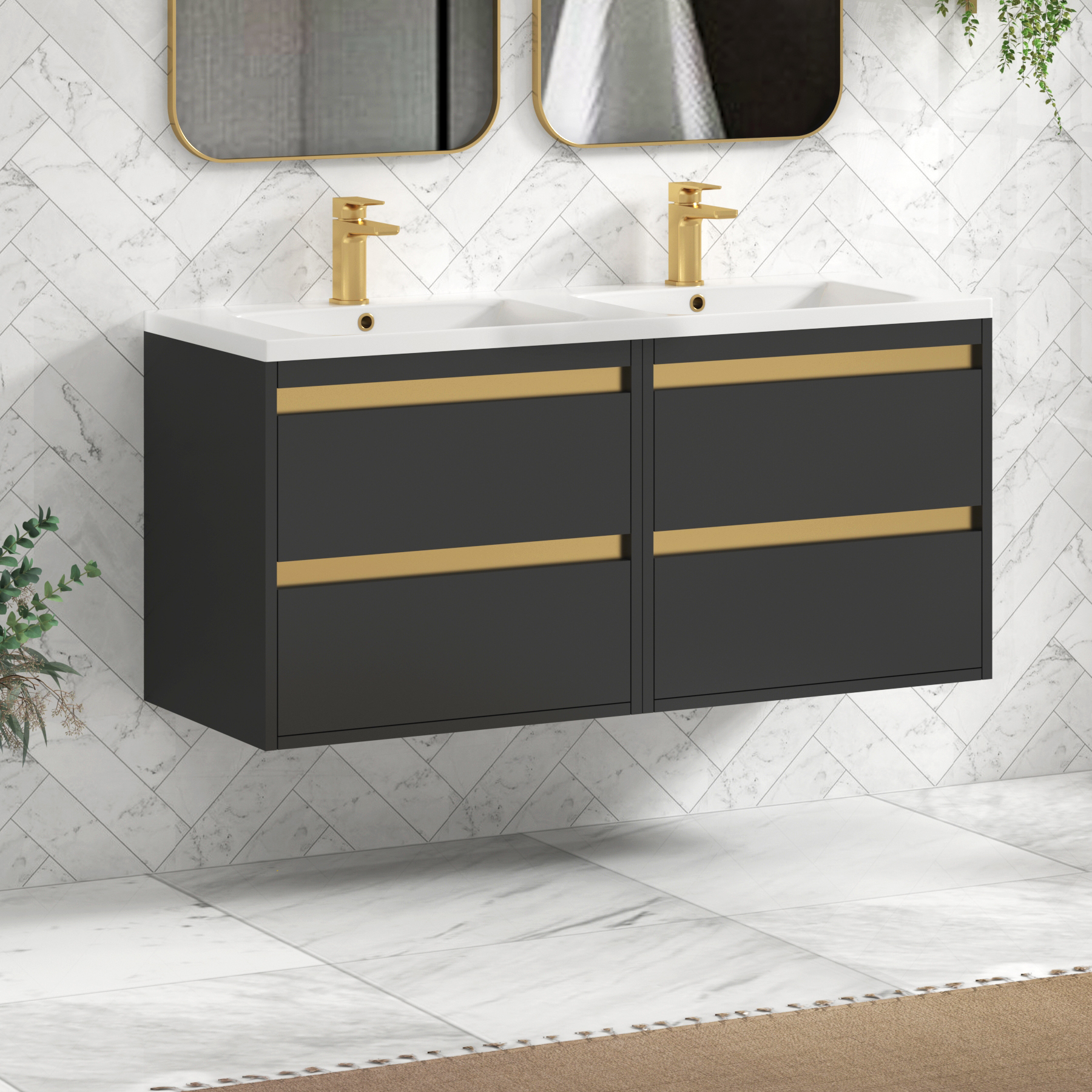 Orion 1200mm Matt Obsidian Black 4 Drawer Wall Hung Vanity Unit with Ceramic Basin & Accent Trim