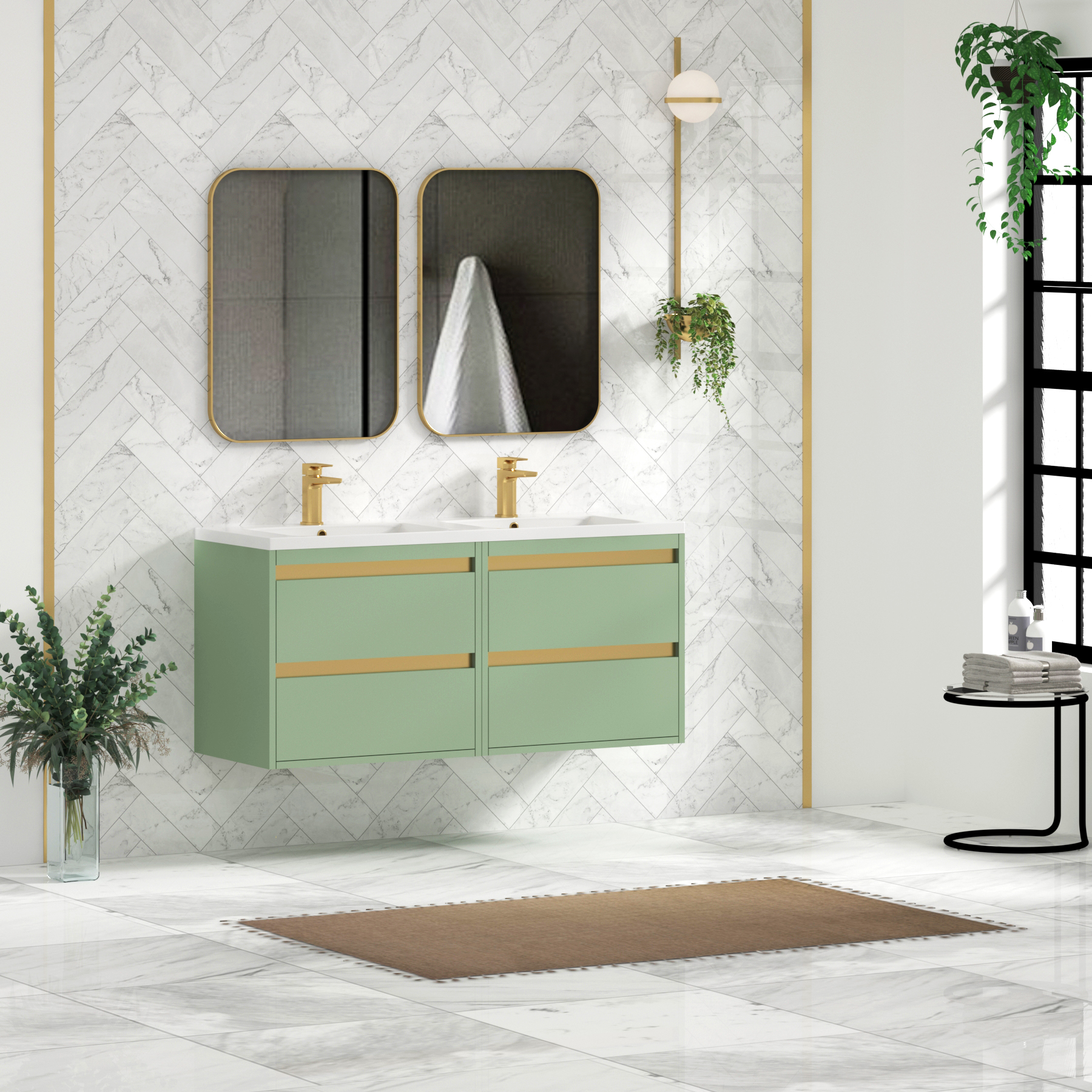 Orion 1200mm Mint Sage 4 Drawer Wall Hung Vanity Unit with Ceramic Basin & Accent Trim
