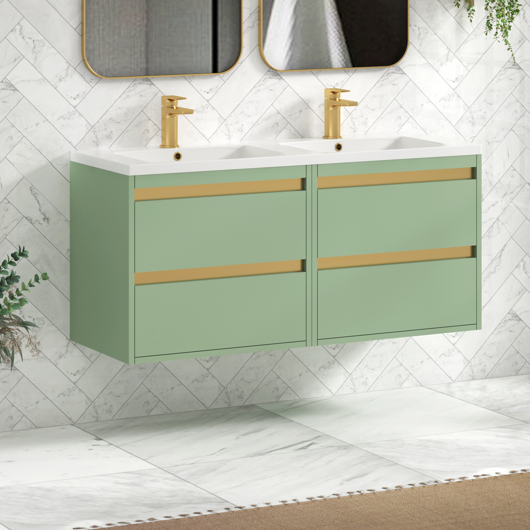 Orion 1200mm Mint Sage 4 Drawer Wall Hung Vanity Unit with Ceramic Basin & Accent Trim