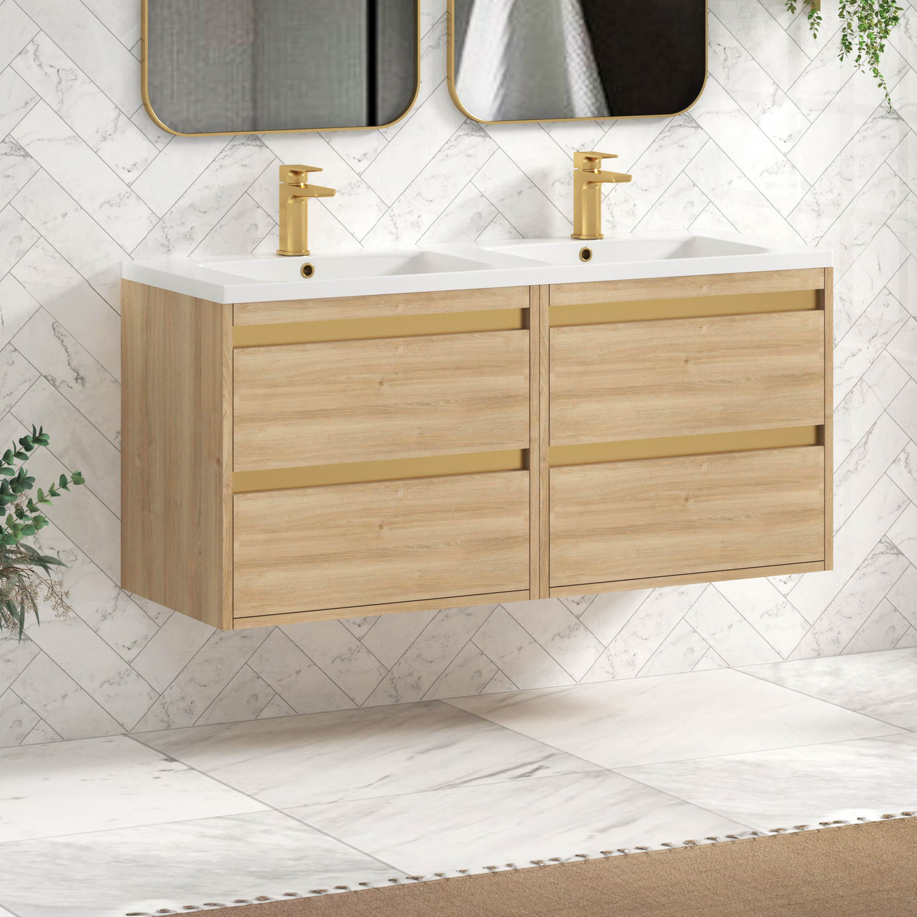 Orion 1200mm Natural Oak 4 Drawer Wall Hung Vanity Unit with Ceramic Basin & Accent Trim
