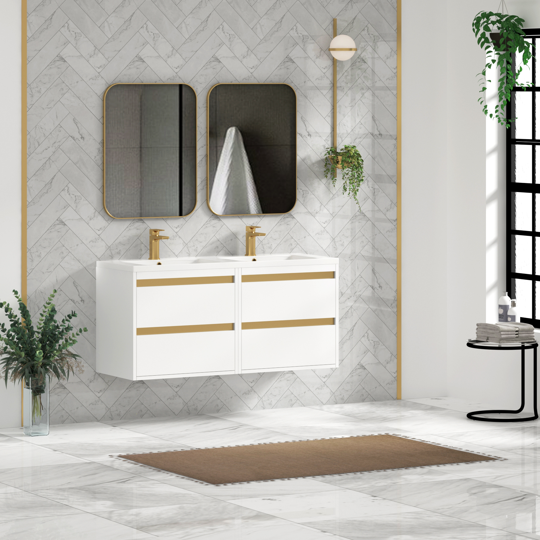 Orion 1200mm Matt White 4 Drawer Wall Hung Vanity Unit with Ceramic Basin & Accent Trim