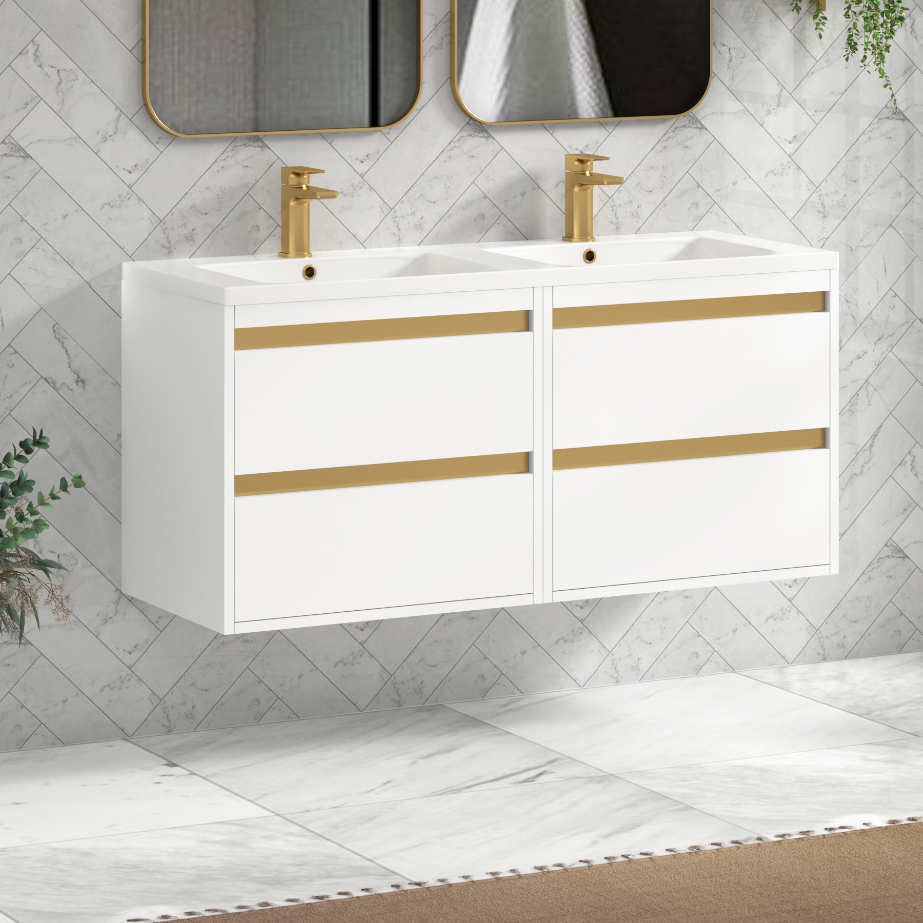 Orion 1200mm Matt White 4 Drawer Wall Hung Vanity Unit with Ceramic Basin & Accent Trim
