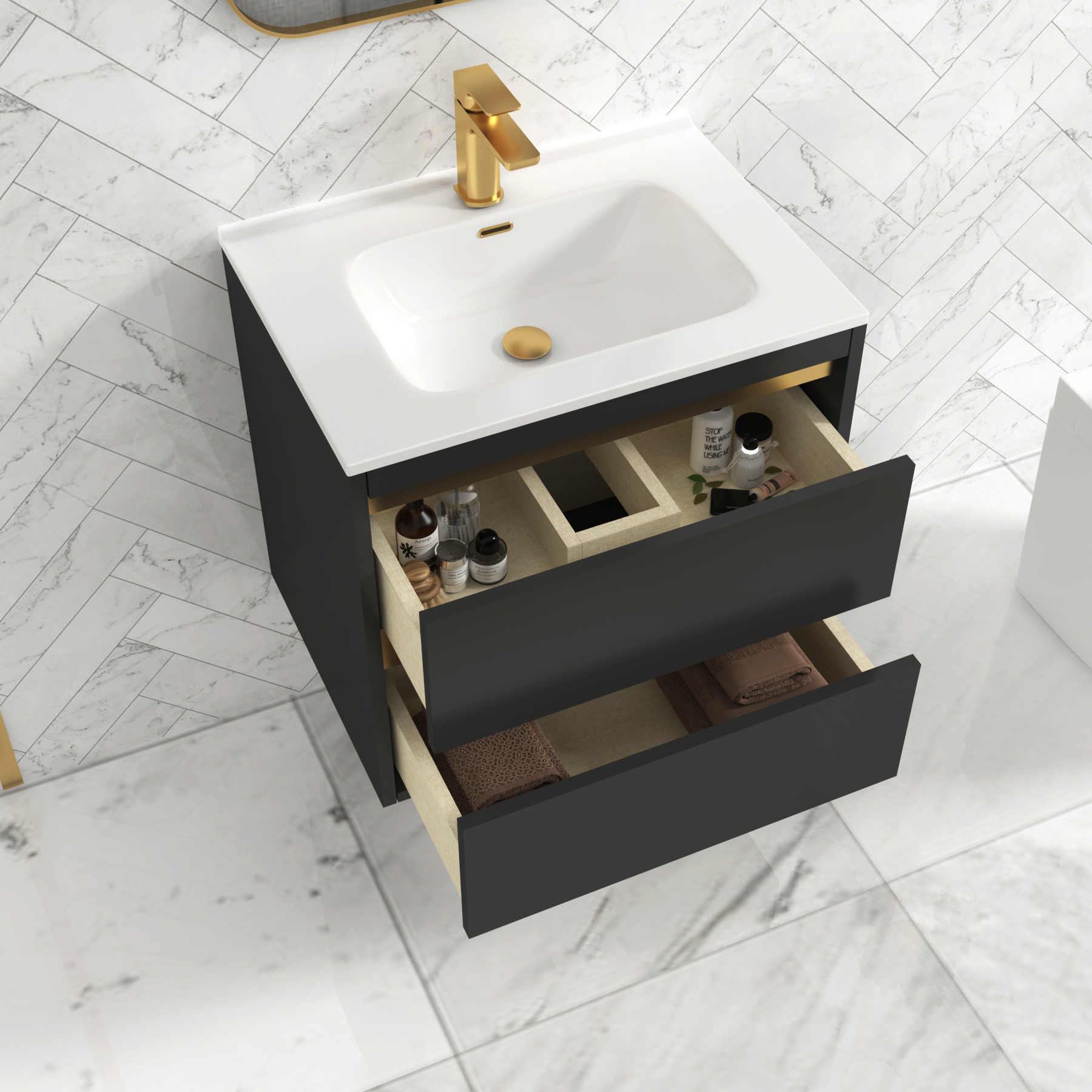 Orion Matt Obsidian Black 2 Drawer Wall Hung Vanity Unit with Ceramic Basin