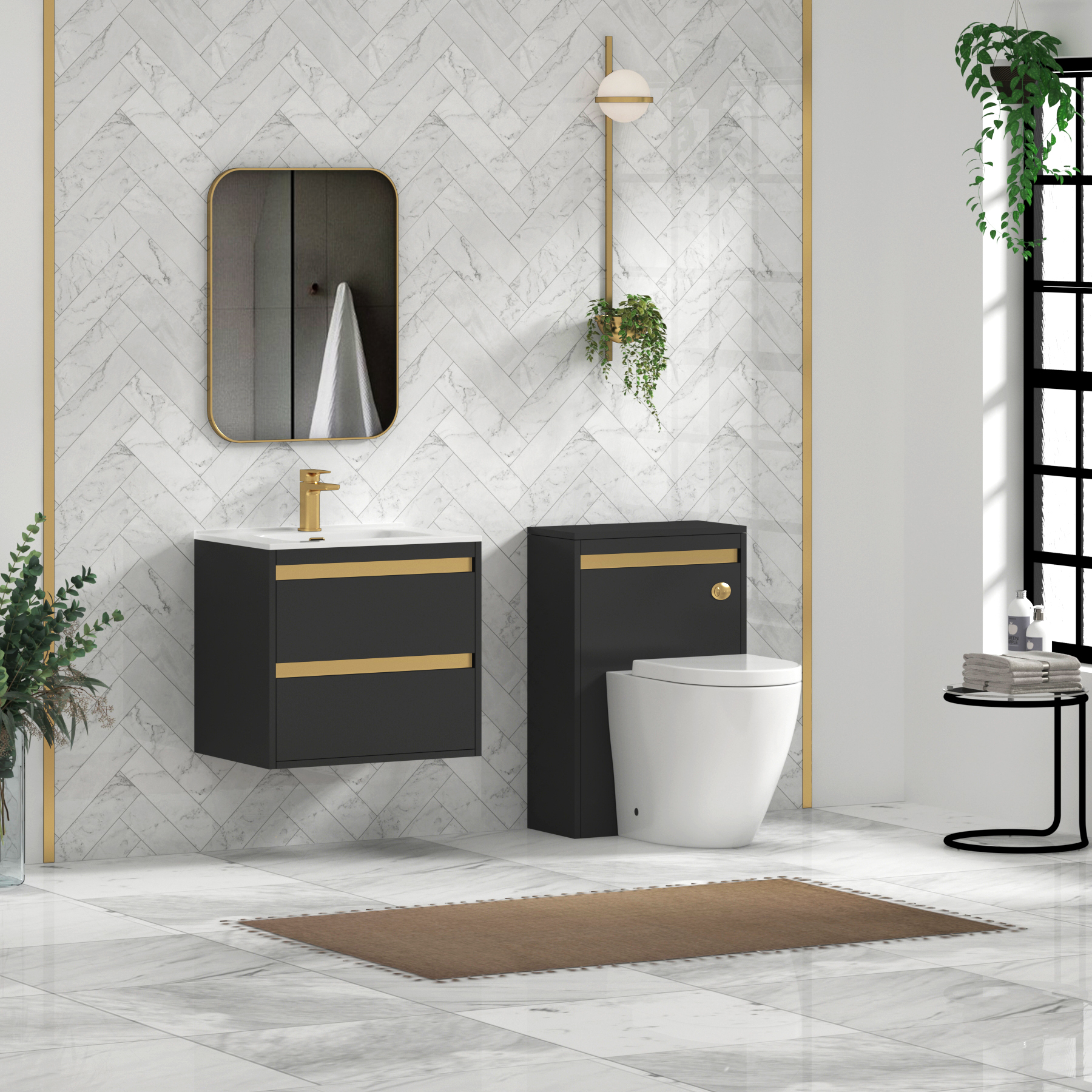 Orion Matt Obsidian Black 2 Drawer Wall Hung Vanity Unit with Ceramic Basin