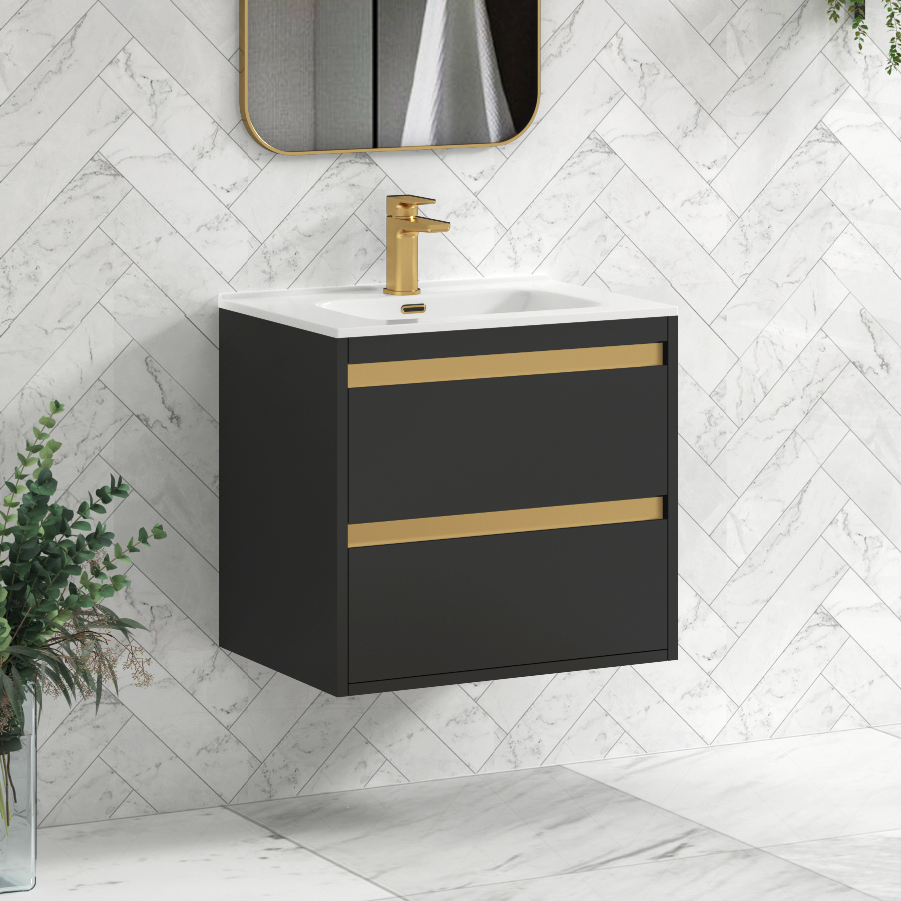 Orion Matt Obsidian Black 2 Drawer Wall Hung Vanity Unit with Ceramic Basin