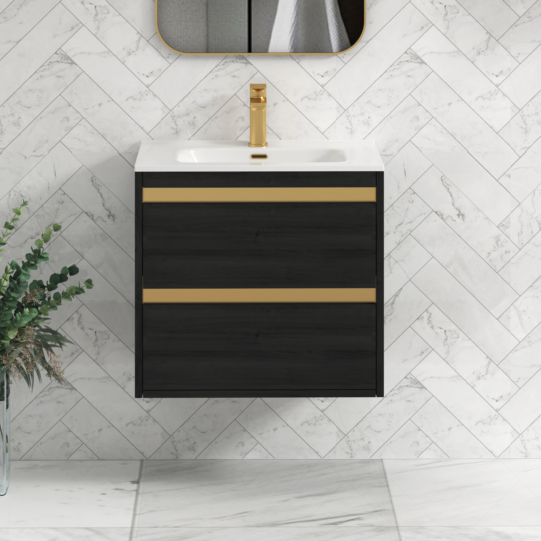 Orion Wall Hung Vanity Unit 2 Drawer Hale Black with Ceramic Basin & Accent Trim