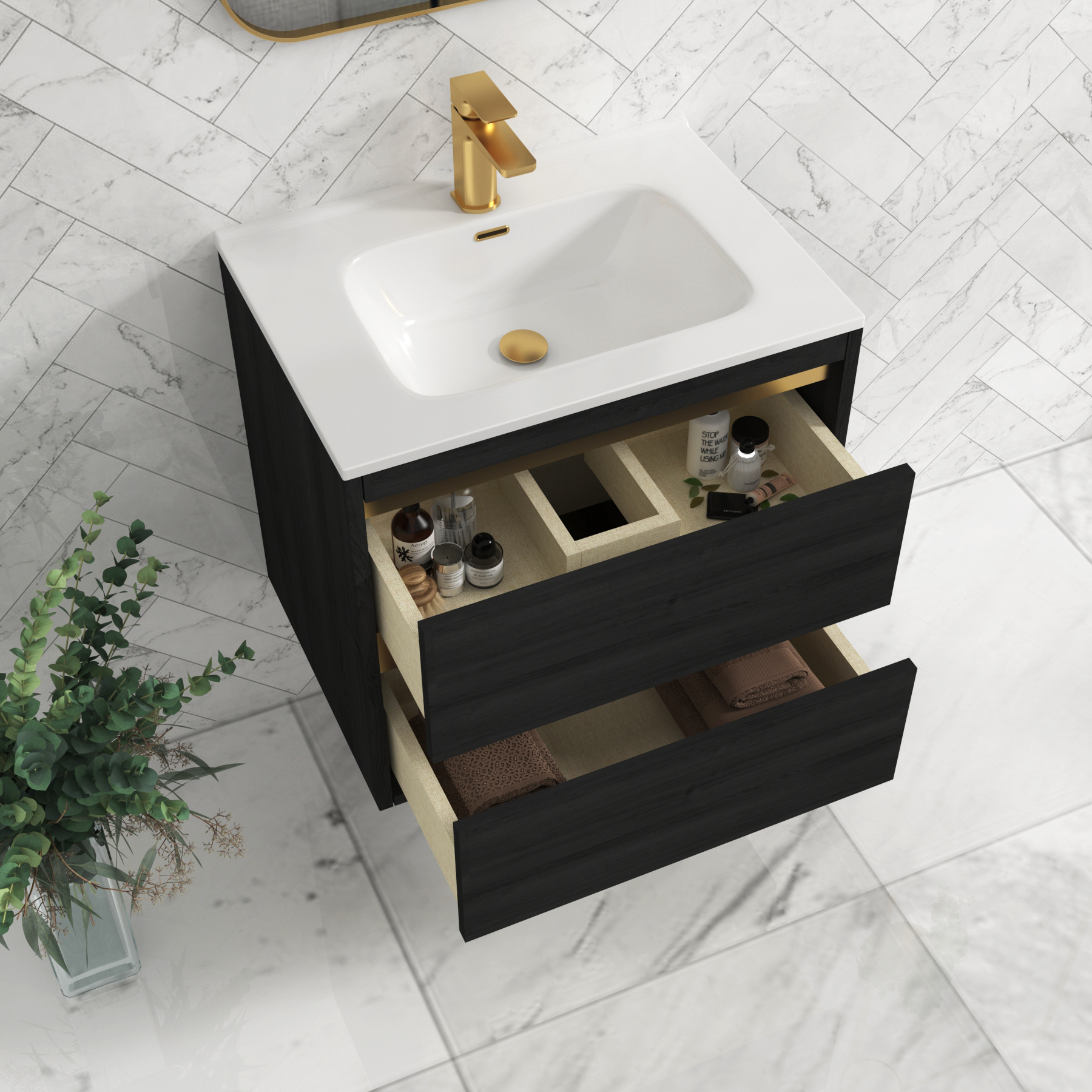 Orion Wall Hung Vanity Unit 2 Drawer Hale Black with Ceramic Basin & Accent Trim