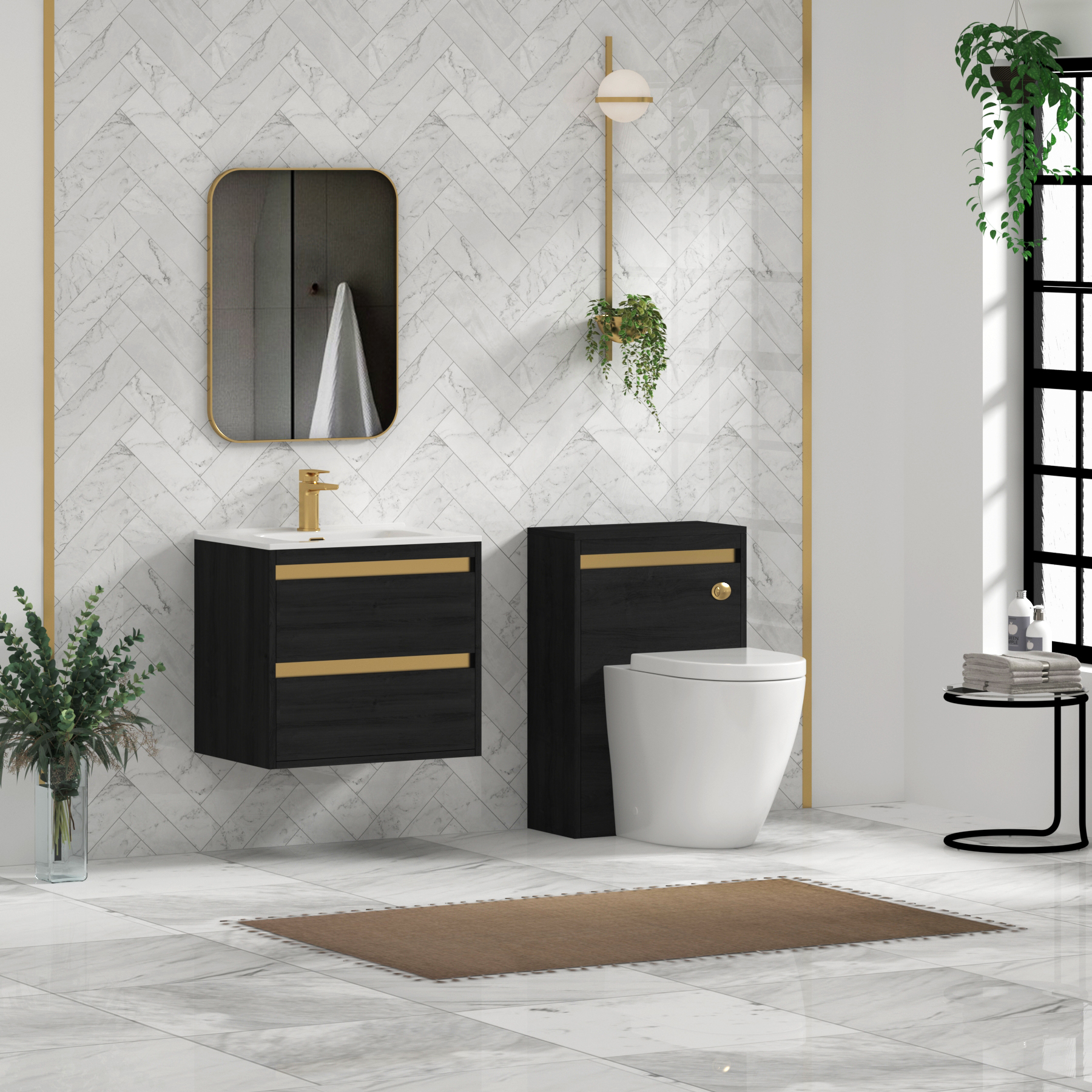 Orion Wall Hung Vanity Unit 2 Drawer Hale Black with Ceramic Basin & Accent Trim
