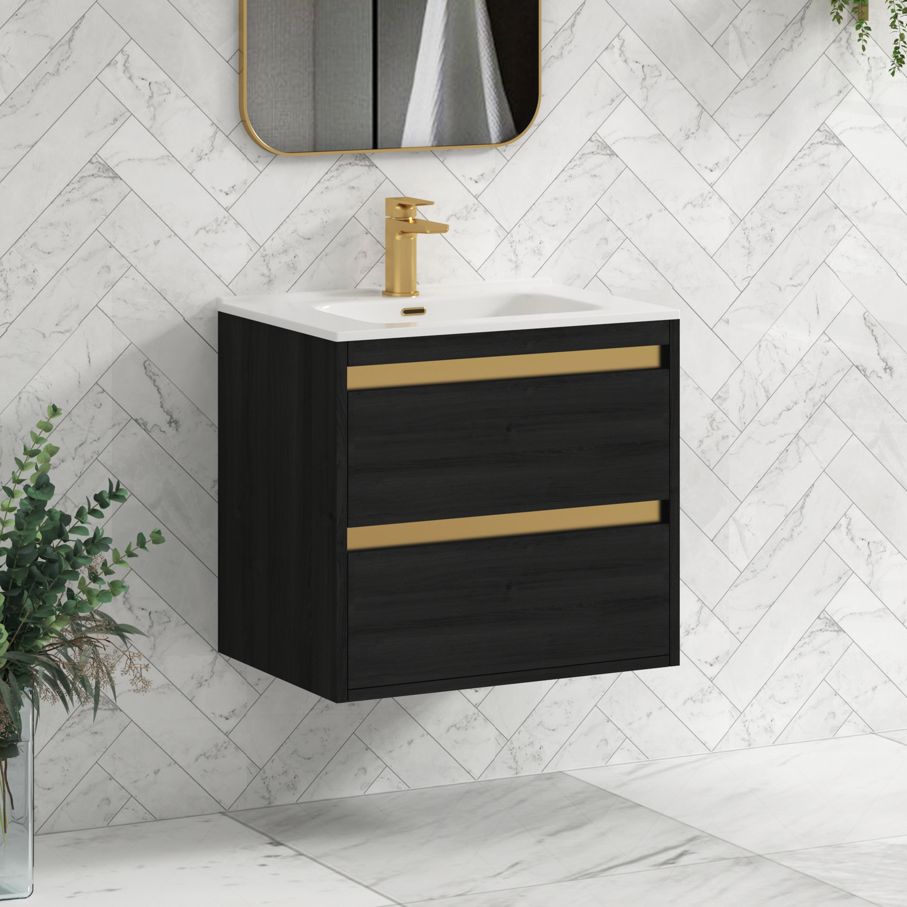 Orion Wall Hung Vanity Unit 2 Drawer Hale Black with Ceramic Basin & Accent Trim