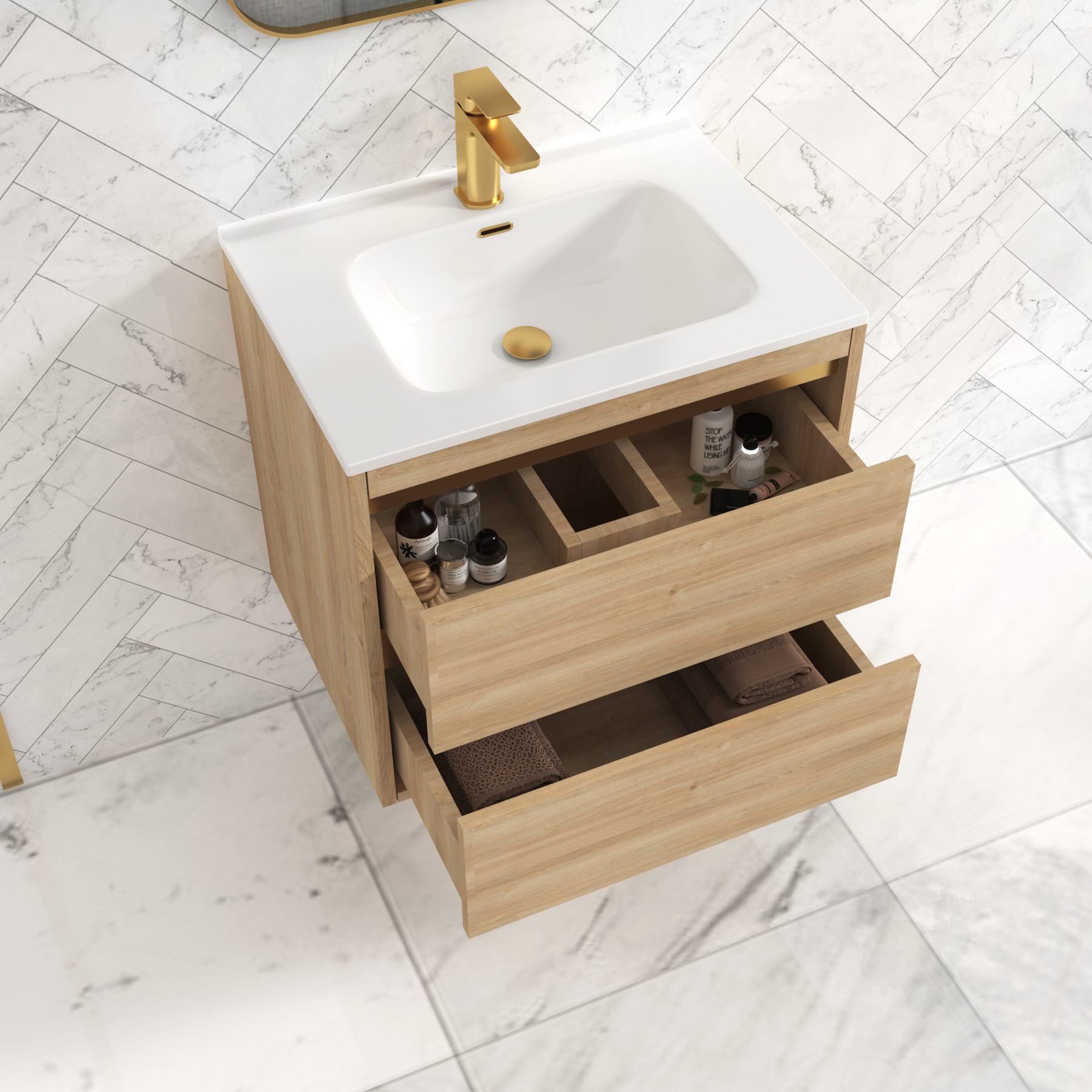 Orion Natural Oak 2 Drawer Wall Hung Vanity Unit with Ceramic Basin