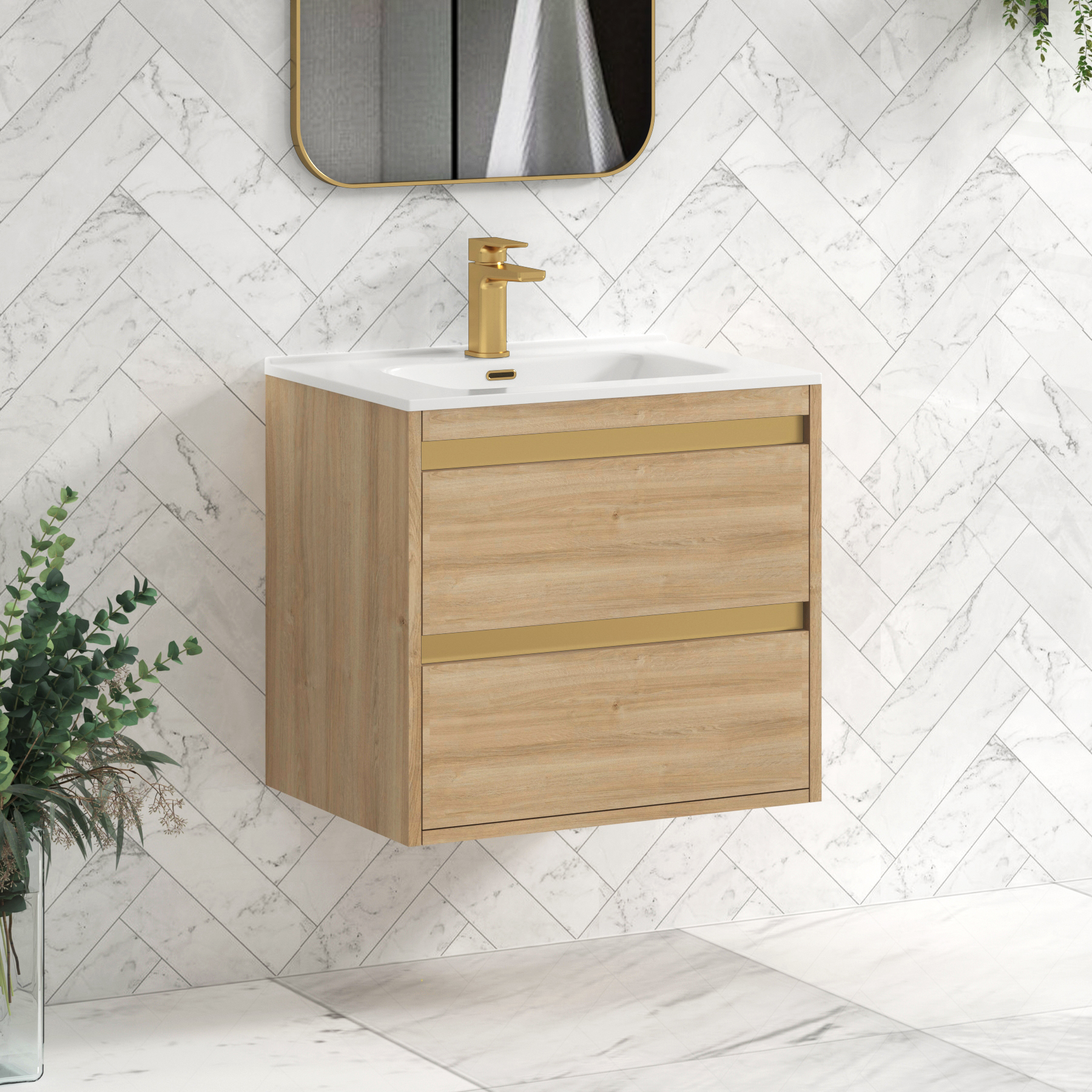 Orion Natural Oak 2 Drawer Wall Hung Vanity Unit with Ceramic Basin