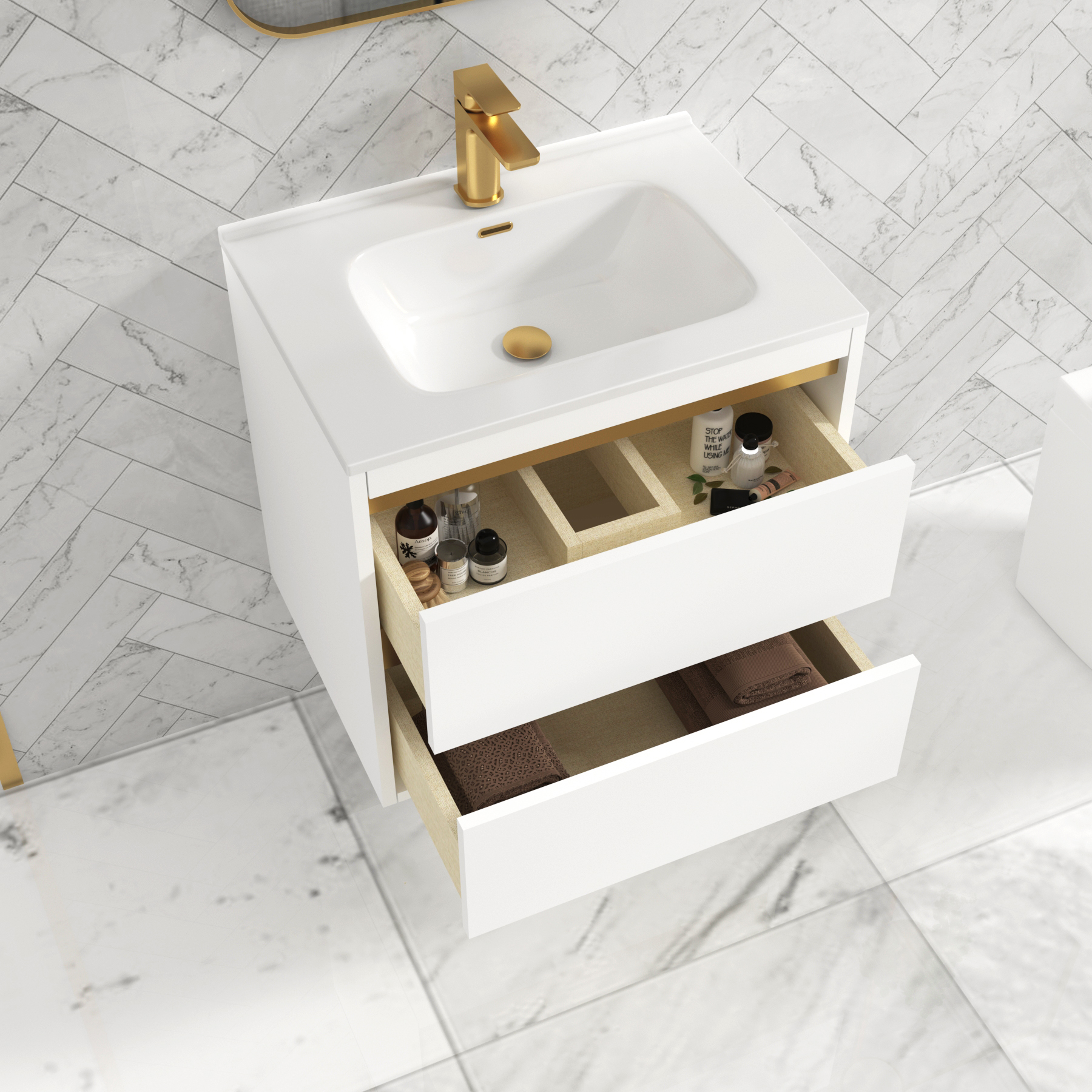 Orion Matt White 2 Drawer Wall Hung Vanity Unit with Ceramic Basin