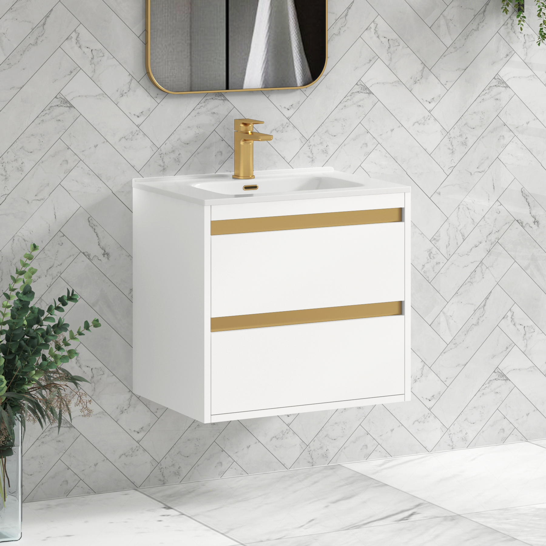Orion Matt White 2 Drawer Wall Hung Vanity Unit with Ceramic Basin