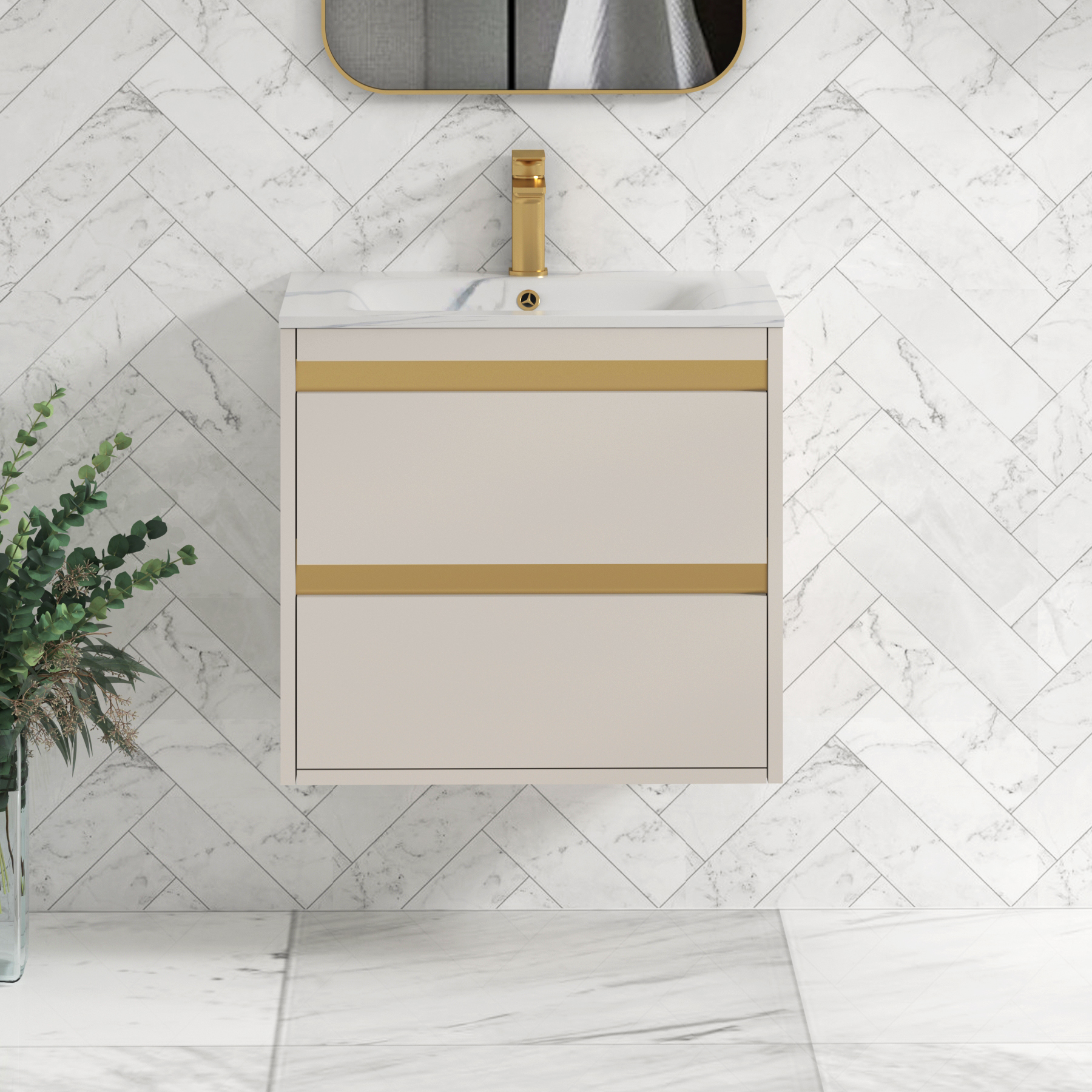 Orion Wall Hung Vanity Unit 2 Drawer Warm Taupe with Carrara White Basin