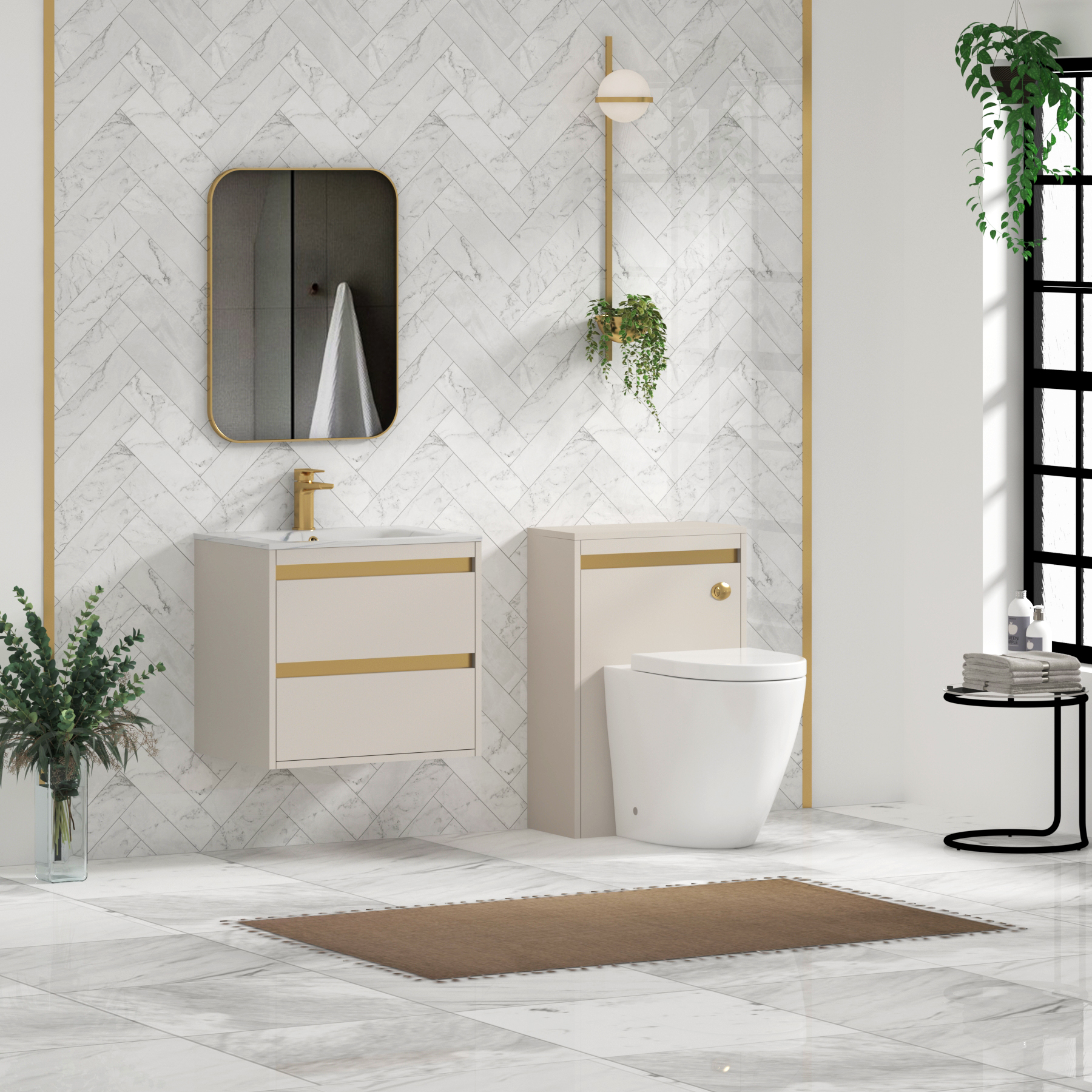 Orion Wall Hung Vanity Unit 2 Drawer Warm Taupe with Carrara White Basin