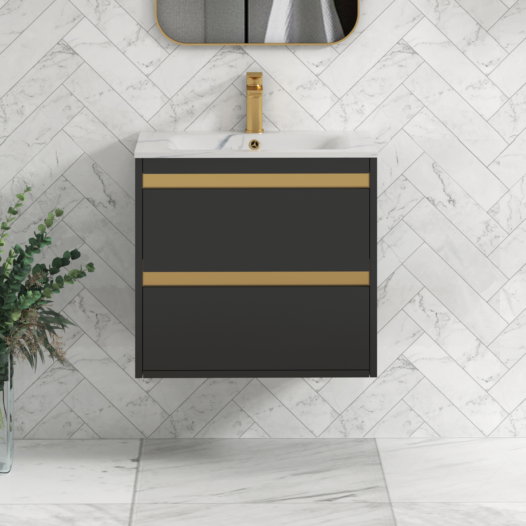 Orion Wall Hung Vanity Unit 2 Drawer Matt Obsidian Black with Carrara White Basin