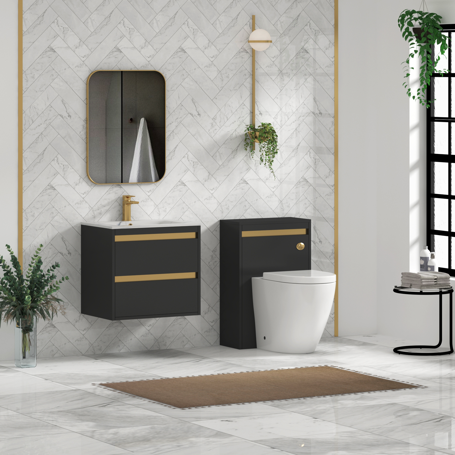 Orion Wall Hung Vanity Unit 2 Drawer Matt Obsidian Black with Carrara White Basin