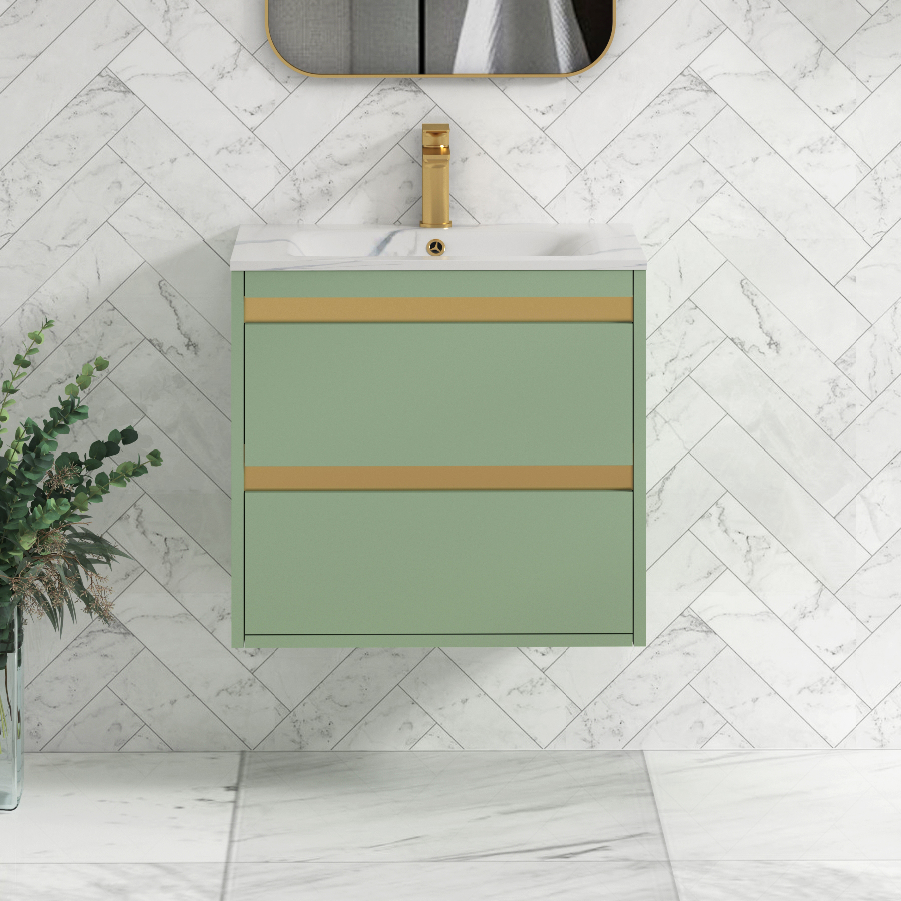 Orion Wall Hung Vanity Unit 2 Drawer Mint Sage with Carrara White Basin