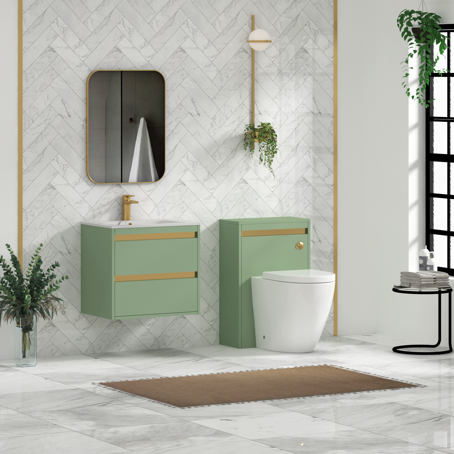 Orion Wall Hung Vanity Unit 2 Drawer Mint Sage with Carrara White Basin