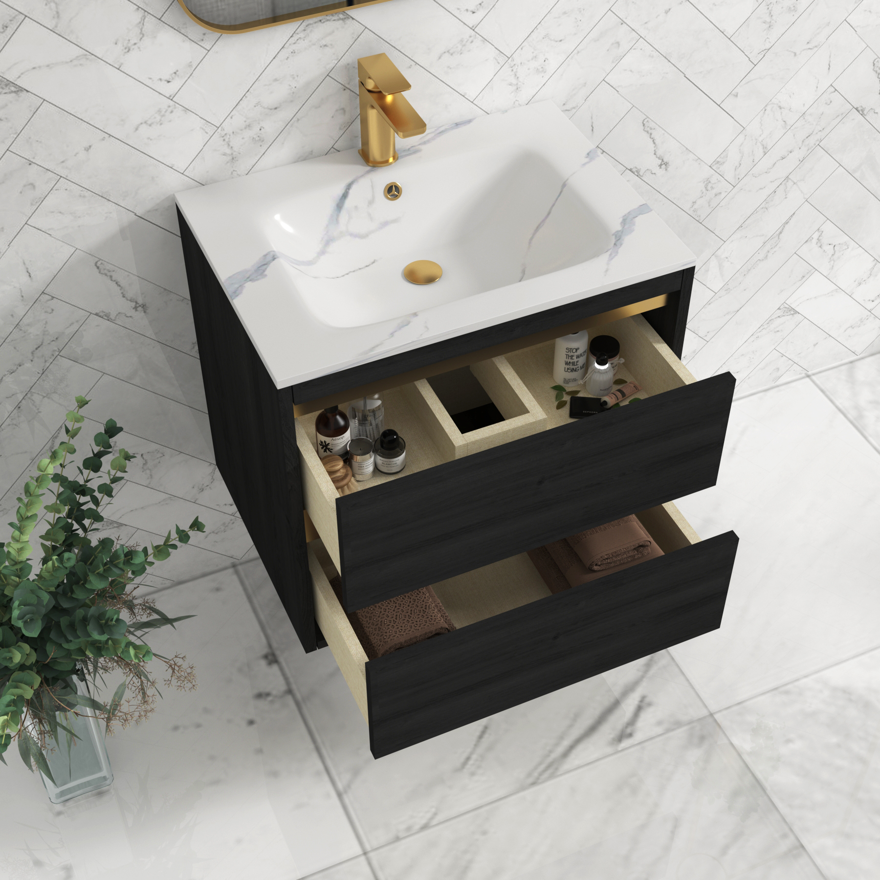 Orion Wall Hung Vanity Unit 2 Drawer Hale Black with Carrara White Basin & Accent Trim