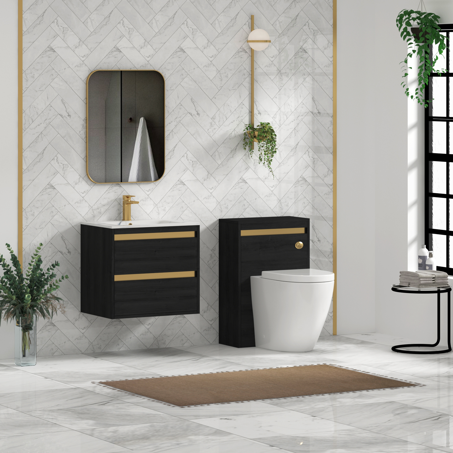 Orion Wall Hung Vanity Unit 2 Drawer Hale Black with Carrara White Basin & Accent Trim