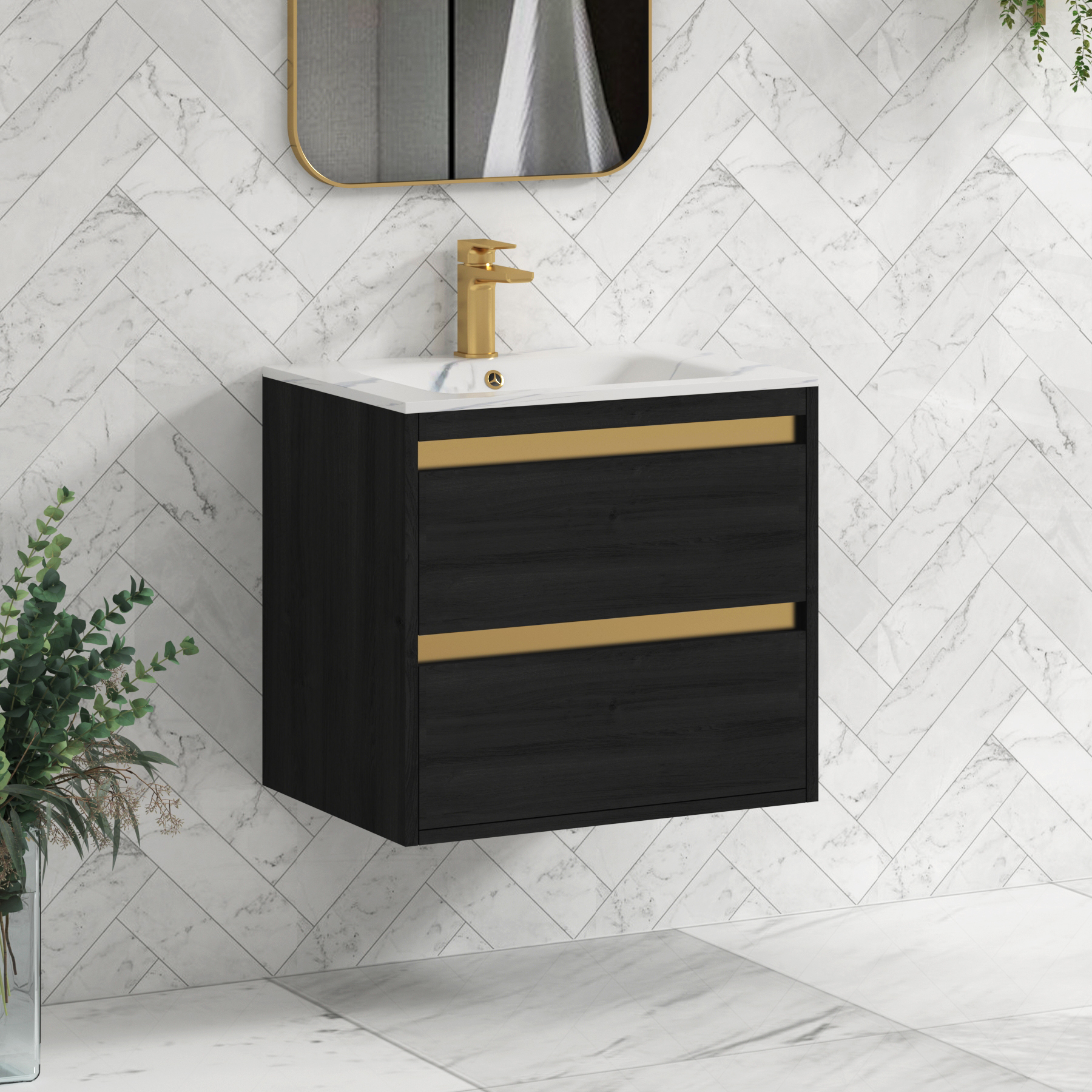 Orion Wall Hung Vanity Unit 2 Drawer Hale Black with Carrara White Basin & Accent Trim