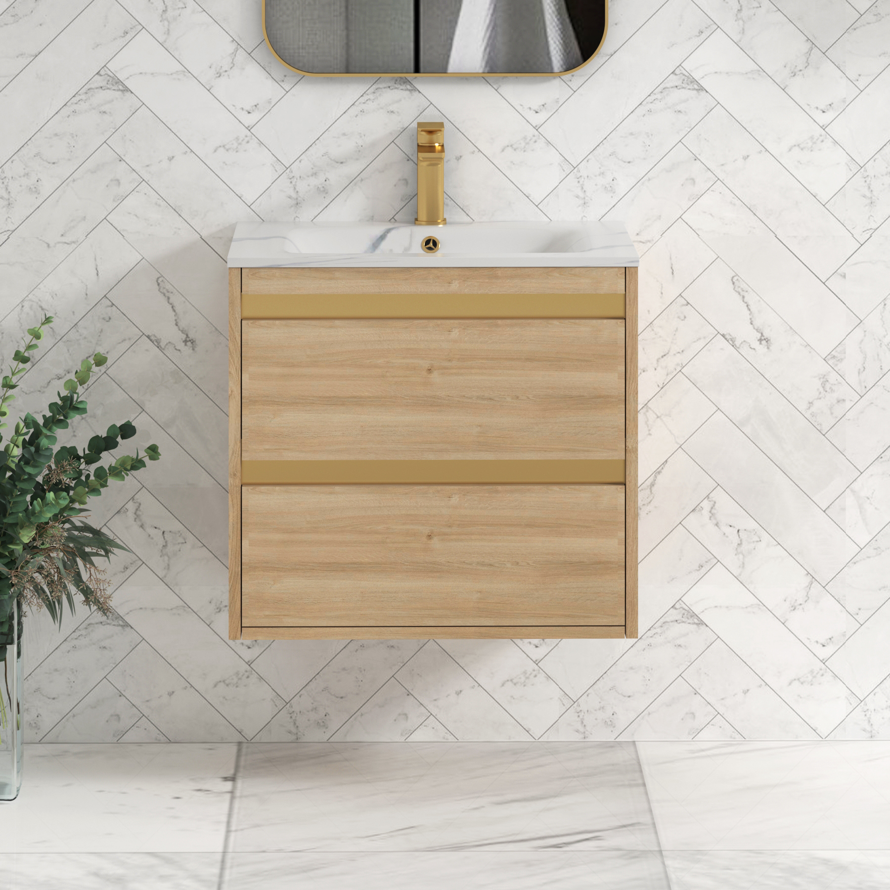 Orion Wall Hung Vanity Unit 2 Drawer Natural Oak with Carrara White Basin
