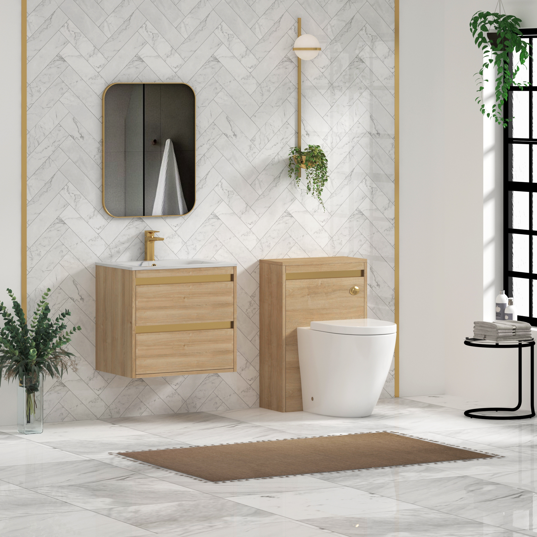 Orion Wall Hung Vanity Unit 2 Drawer Natural Oak with Carrara White Basin