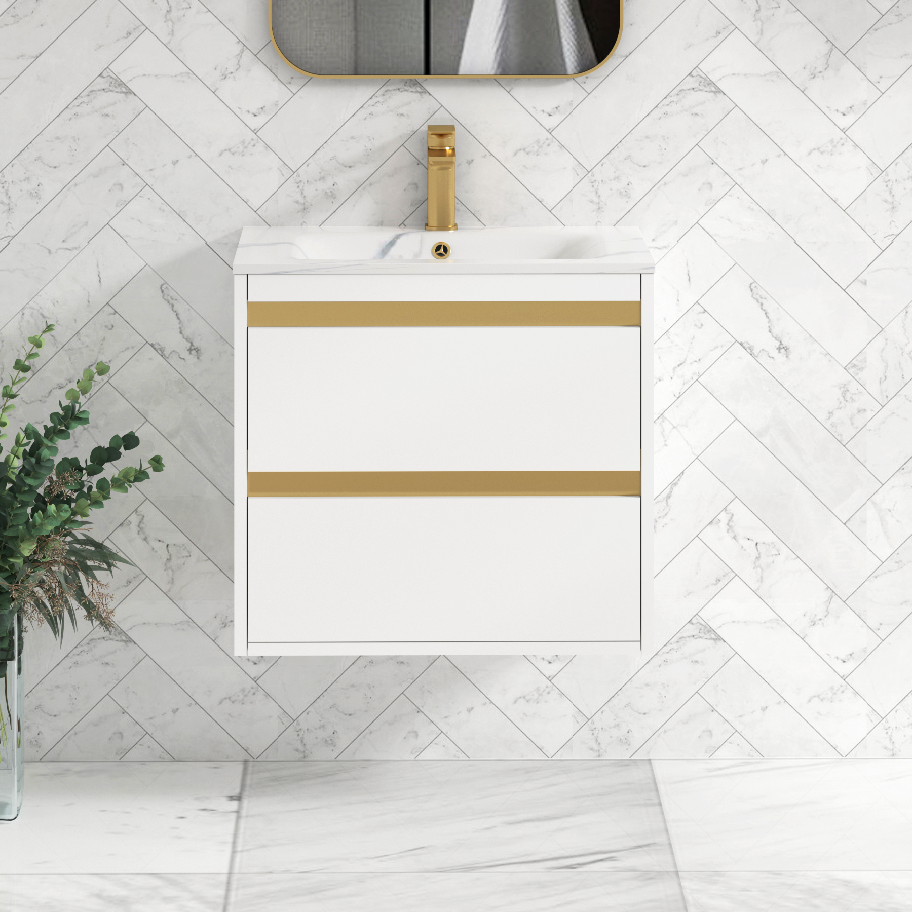 Orion Wall Hung Vanity Unit 2 Drawer Matt White with Carrara White Basin