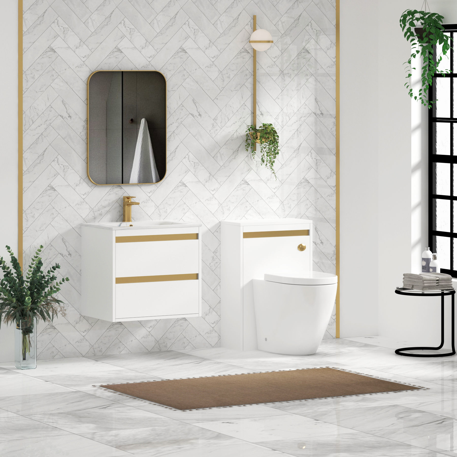 Orion Wall Hung Vanity Unit 2 Drawer Matt White with Carrara White Basin