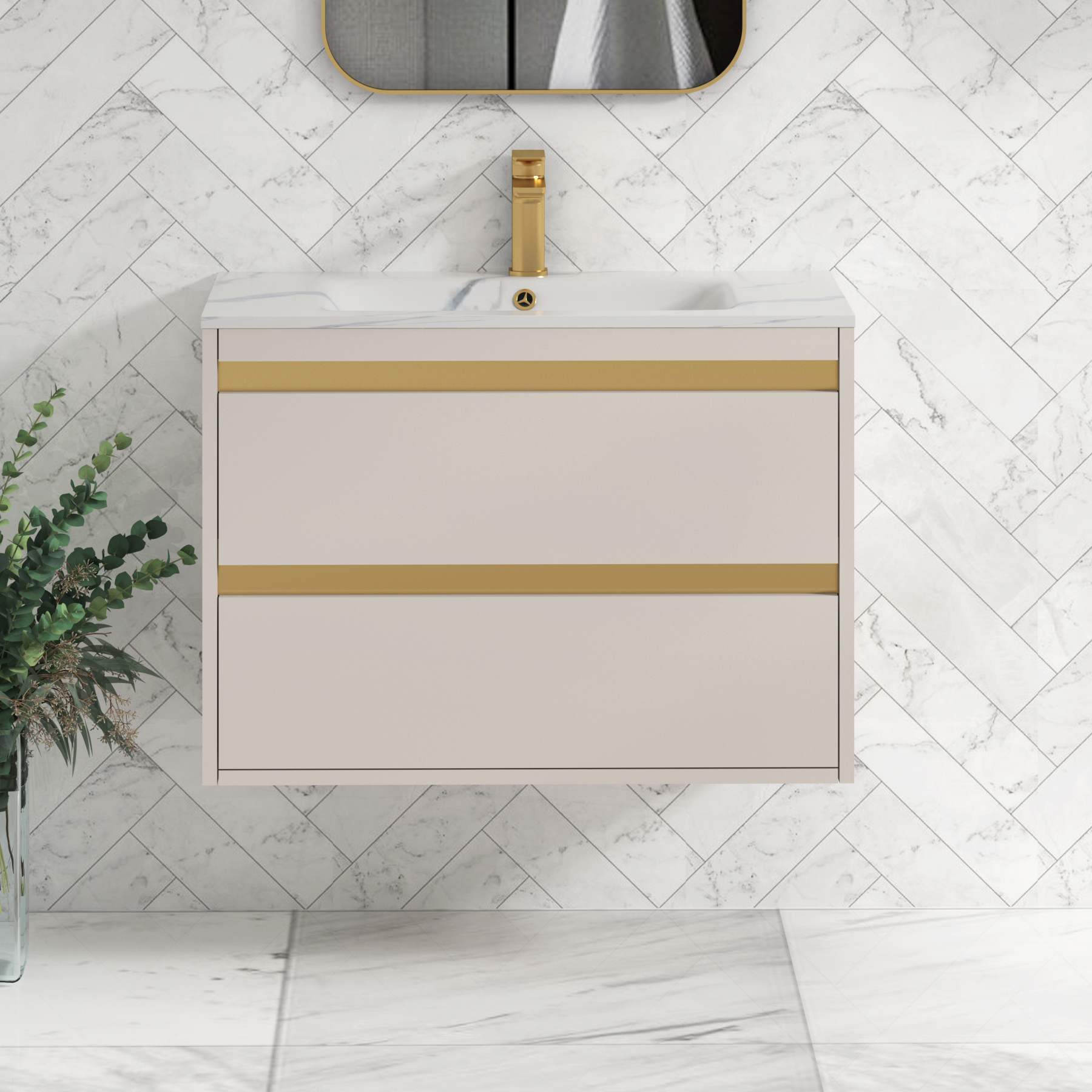 Orion 800mm Wall Hung Vanity Unit 2 Drawer Warm Taupe with Carrara White Basin & Brushed Brass Accent Trim